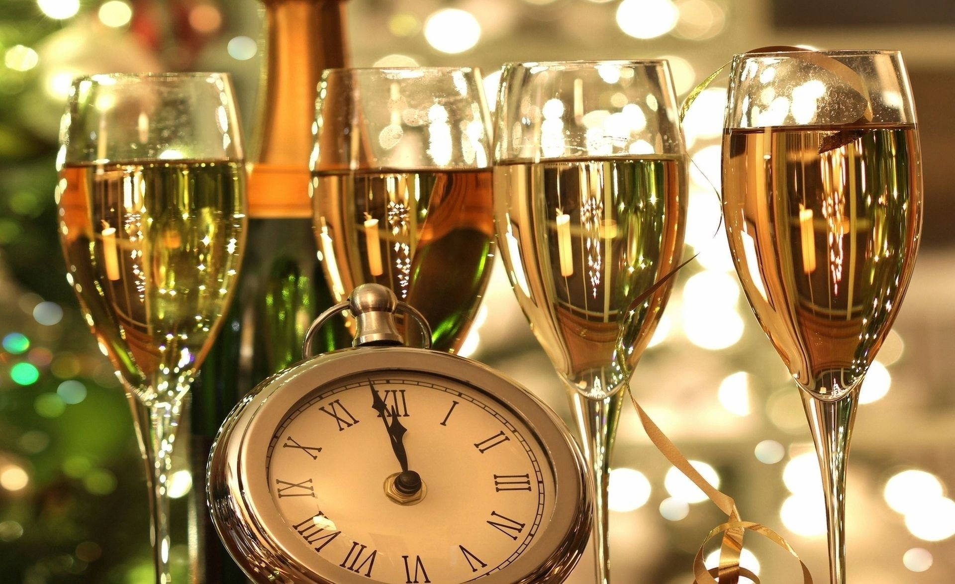 champagne flutes, vintage clock, Roman numerals, Full HD Desktop Wallpaper