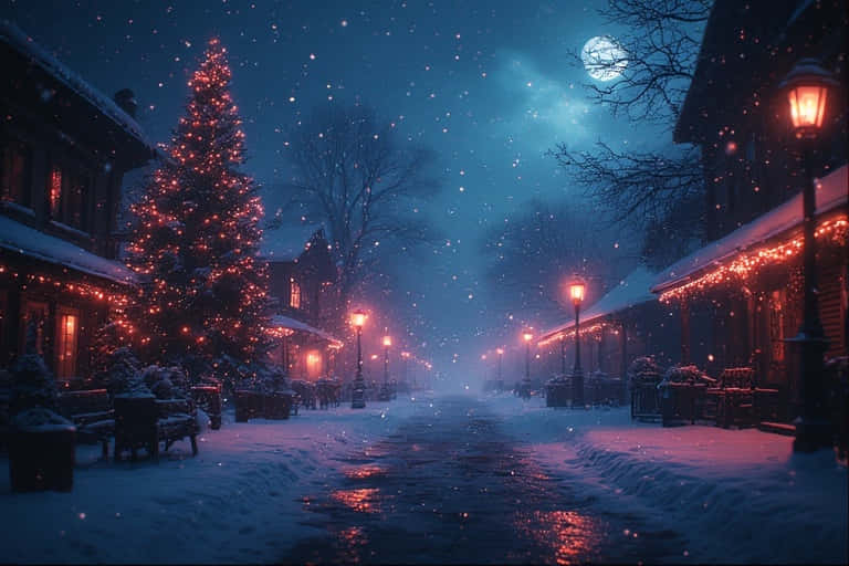 New Year, snowy winter street, night, SD Desktop Wallpaper