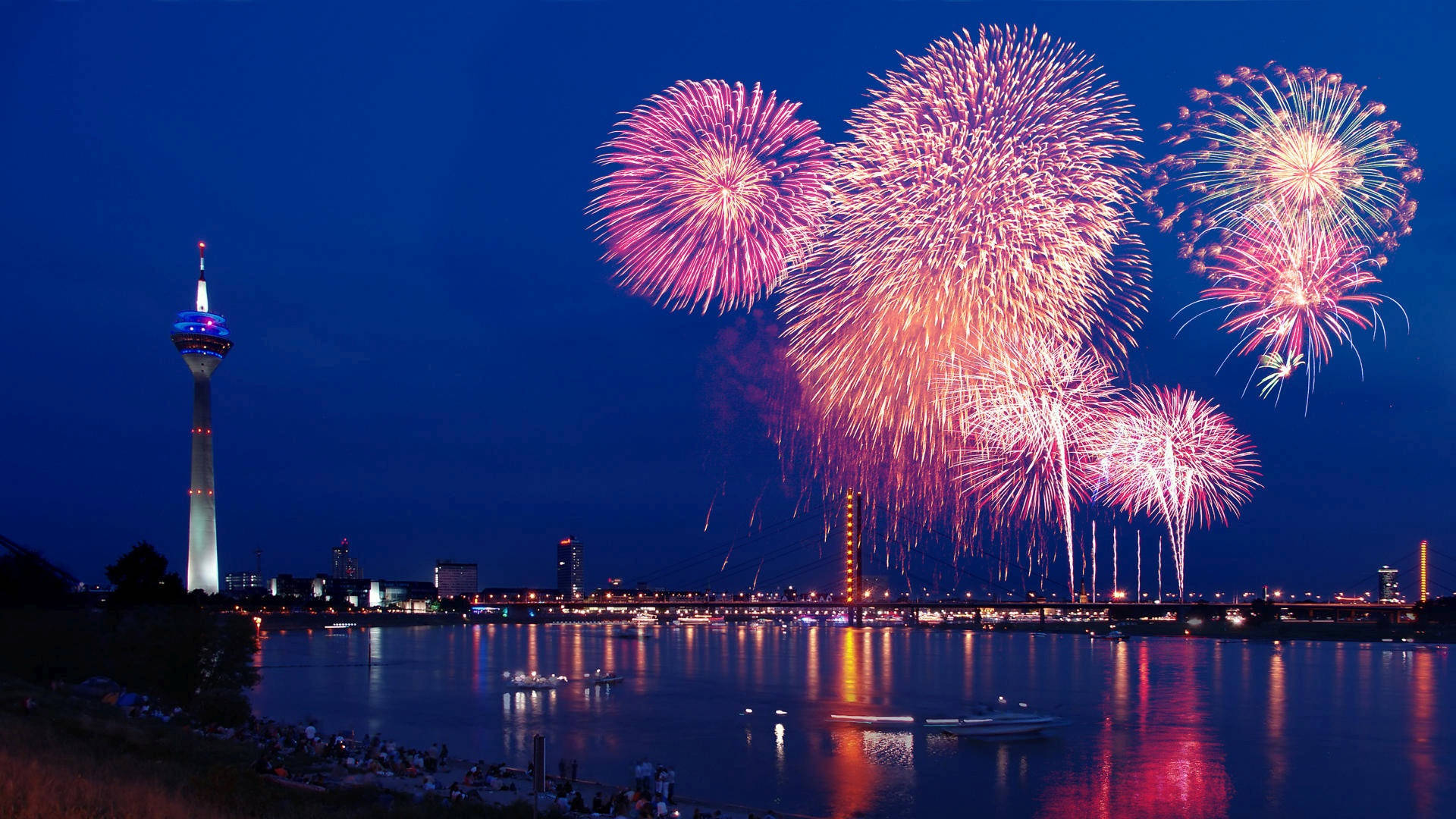 pink fireworks, gold fireworks, city skyline, Full HD Desktop Wallpaper