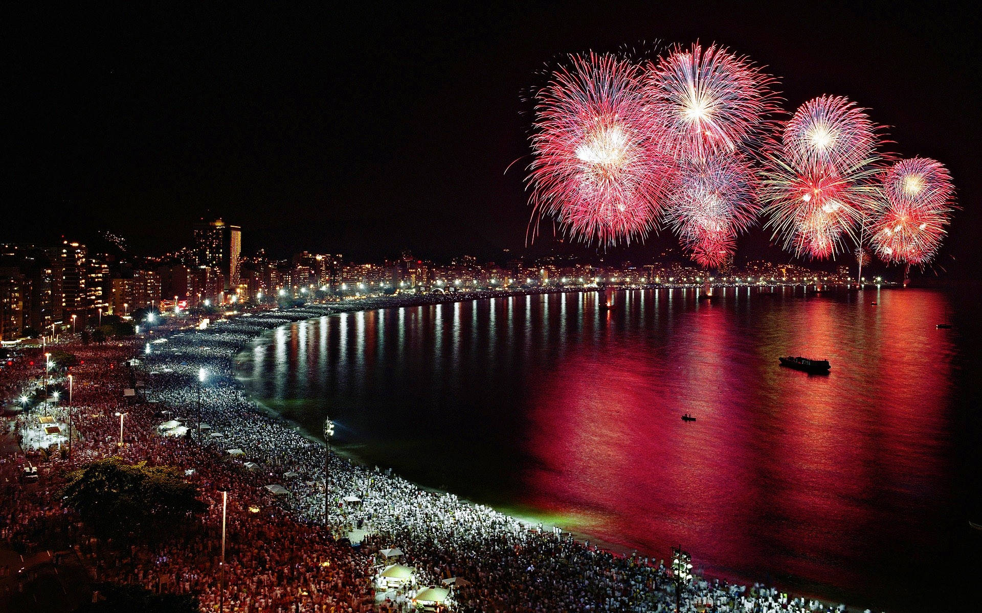 New Years Eve, fireworks, coastal cityscape, Full HD Desktop Wallpaper