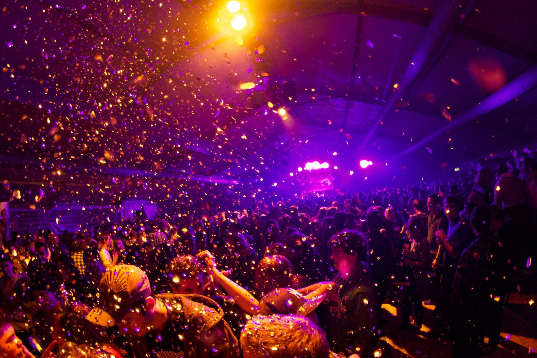New Year's Eve Party, purple lights, golden confetti, Full HD Desktop Wallpaper
