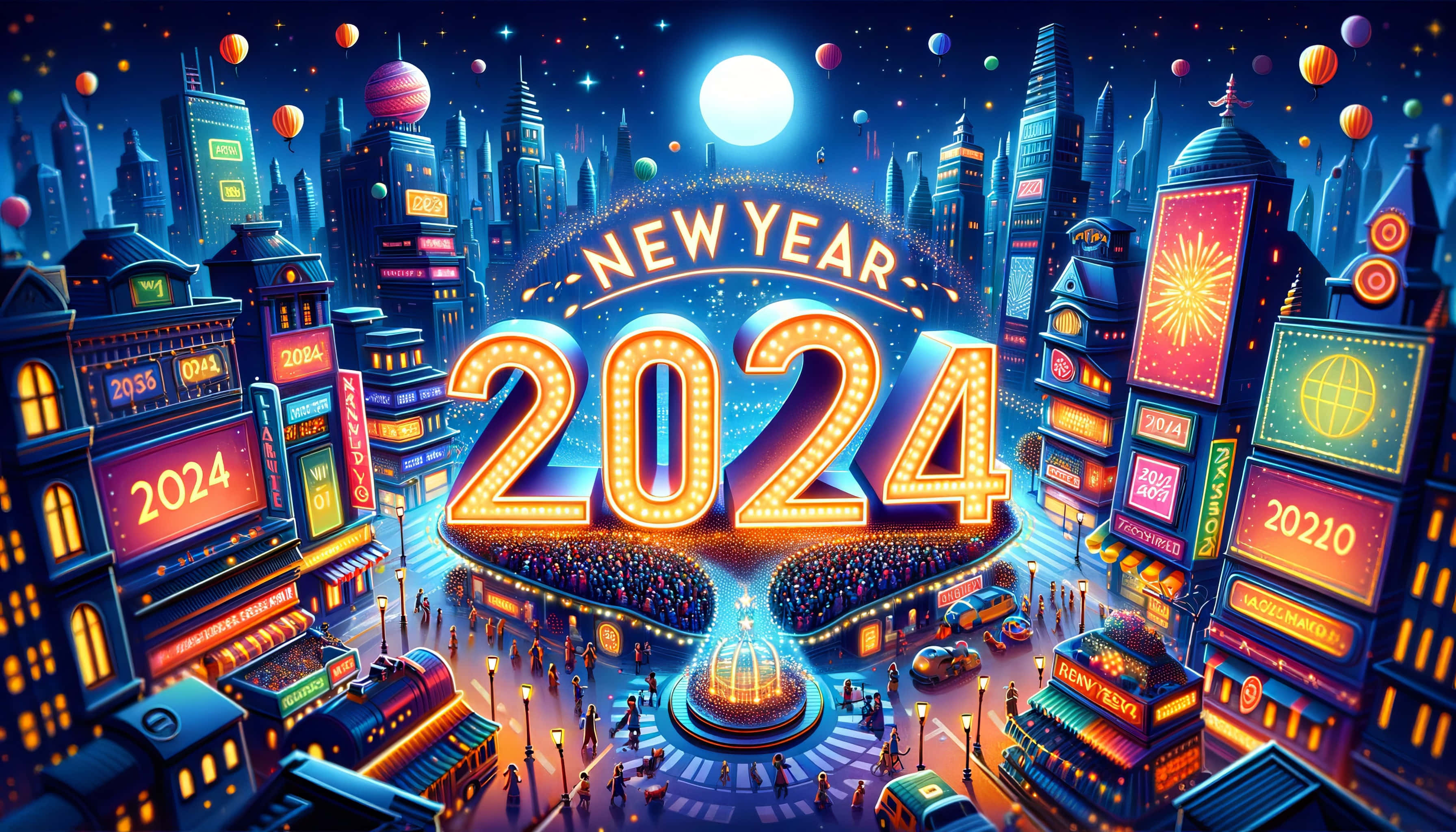 Vibrant2024, New Year 2024, glowing neon signs, 2K Desktop Wallpaper