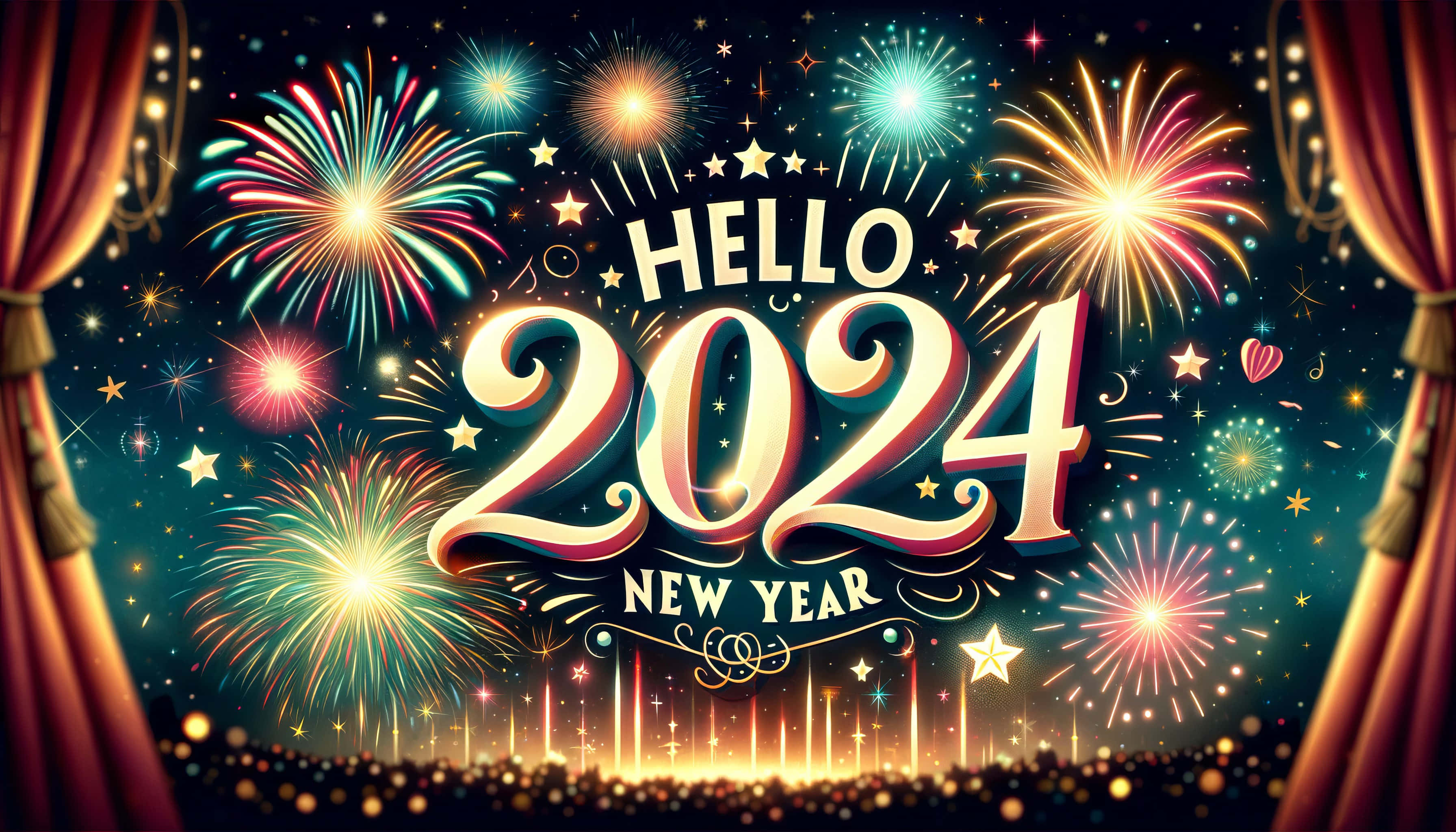 Hello 2024 New Year, red curtains, fireworks, 2K Desktop Wallpaper