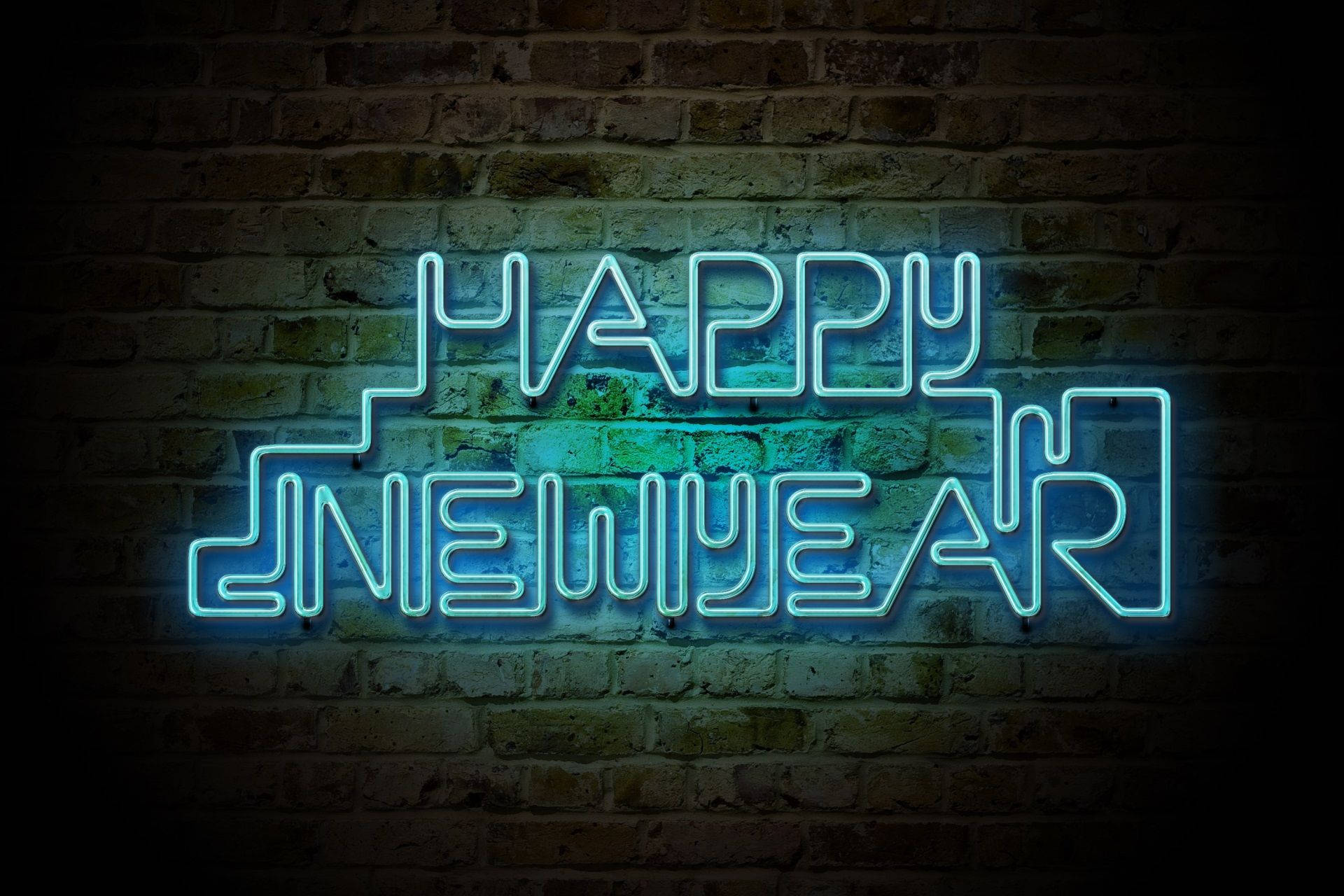 HAPPY NEW YEAR, glowing blue neon sign, dark brick wall, Full HD Desktop Wallpaper