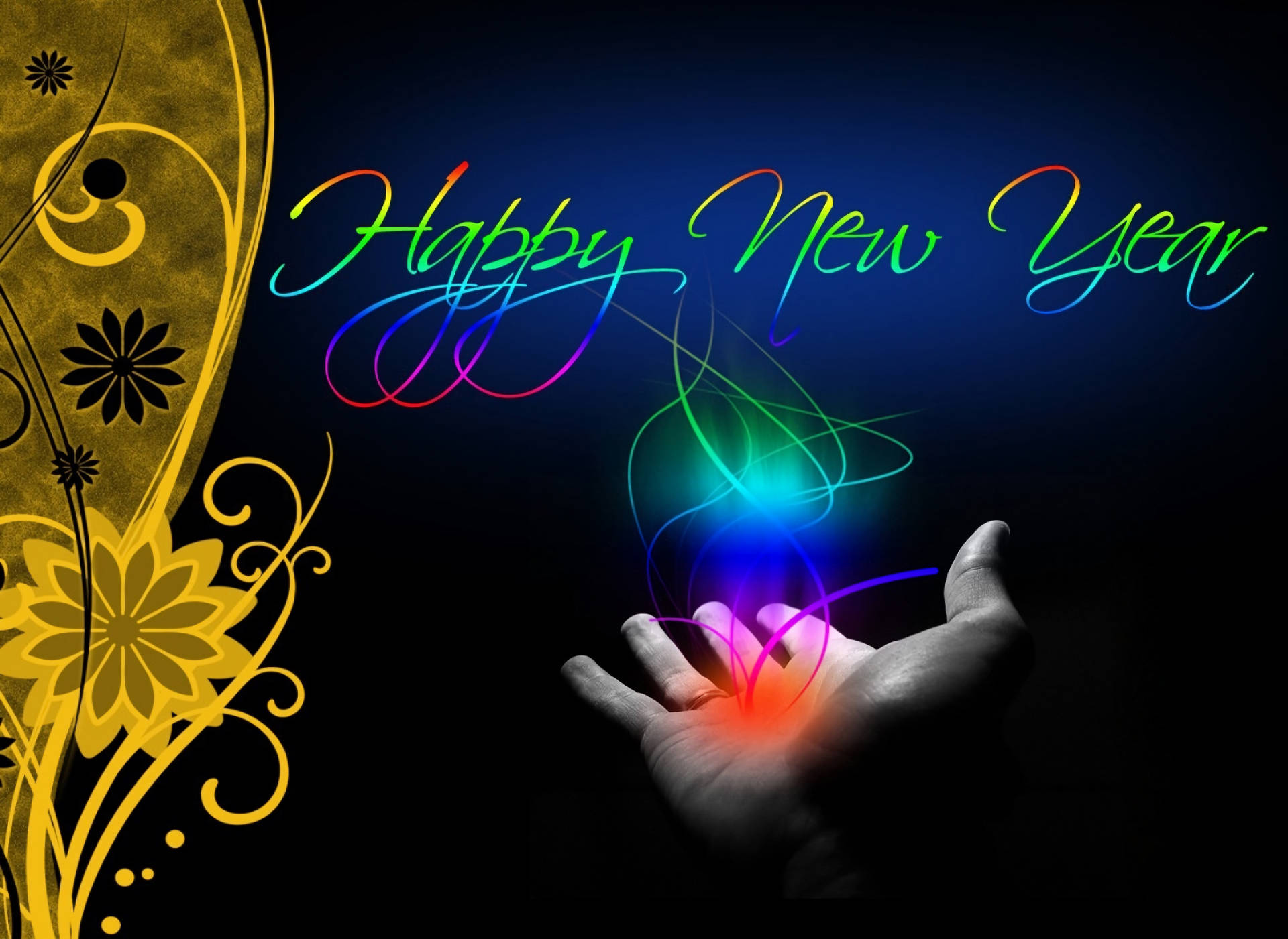 Happy New Year, glowing rainbow energy streams, dark background, Full HD Desktop Wallpaper