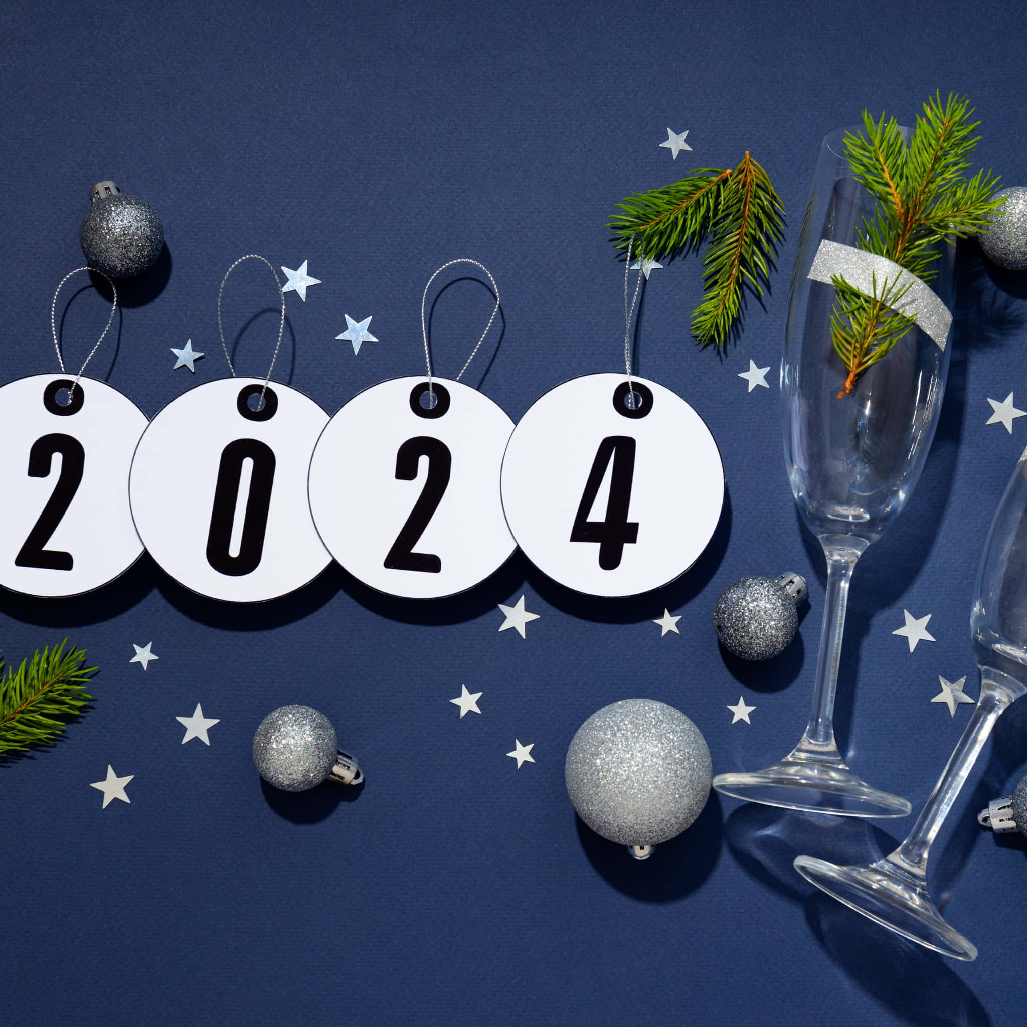 2024, silver glitter ornaments, pine sprigs, Full HD Desktop Wallpaper