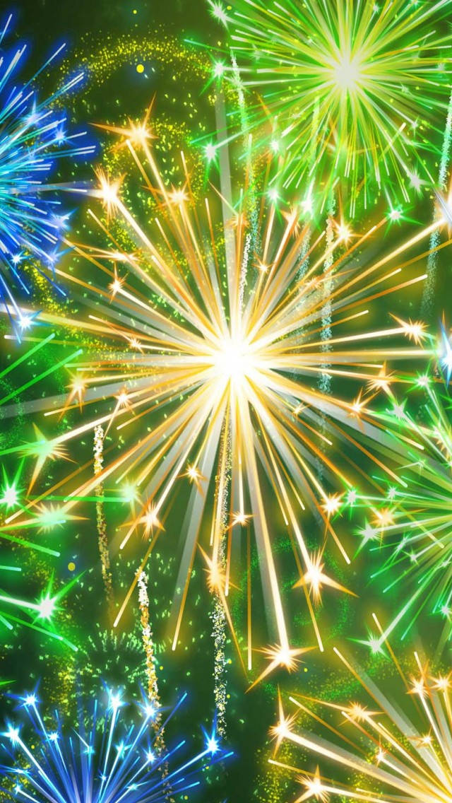 bright fireworks, New Years Eve, green gold, SD Phone Wallpaper
