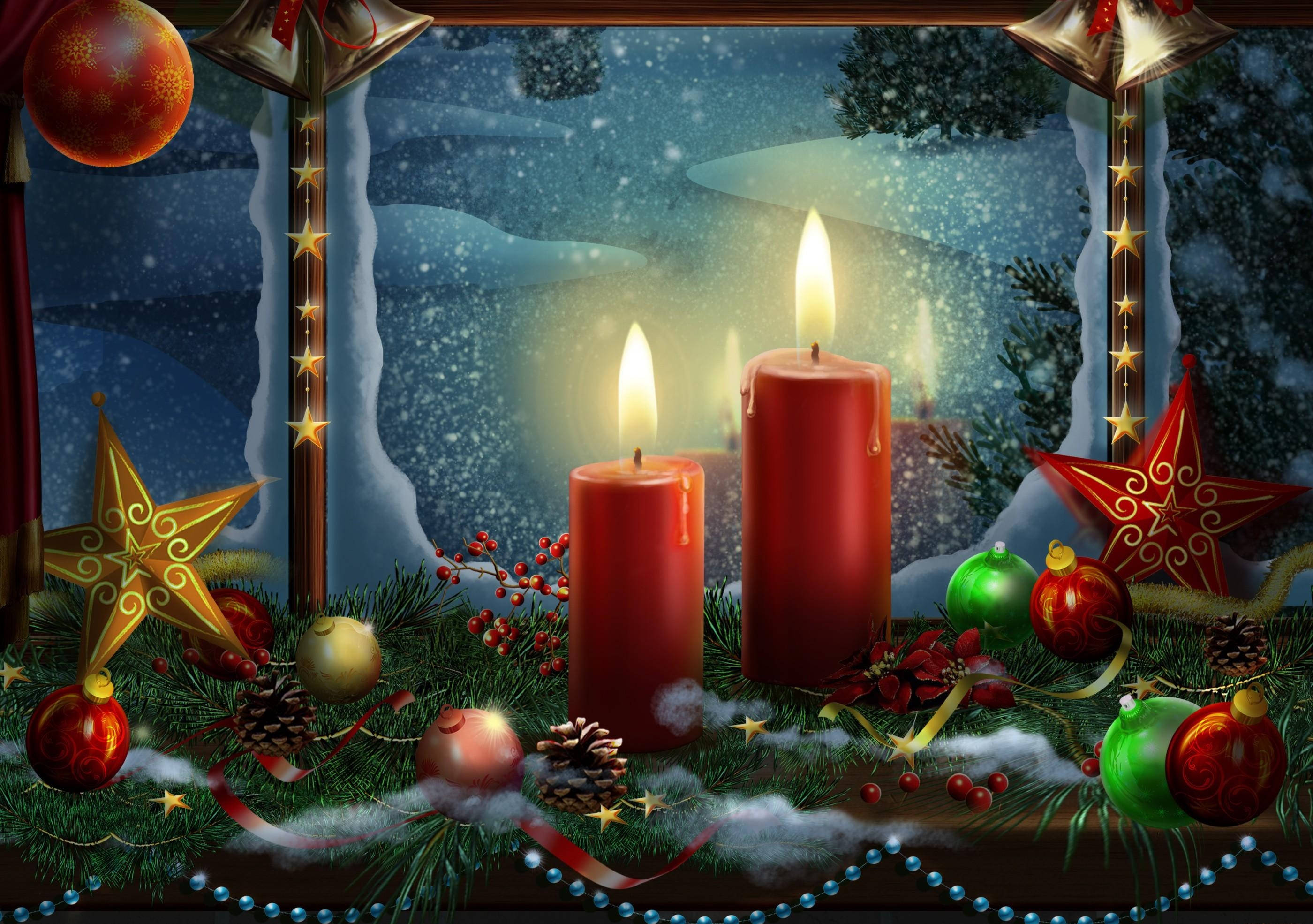 red candles, snowy window ledge, festive ornaments, 2K Desktop Wallpaper