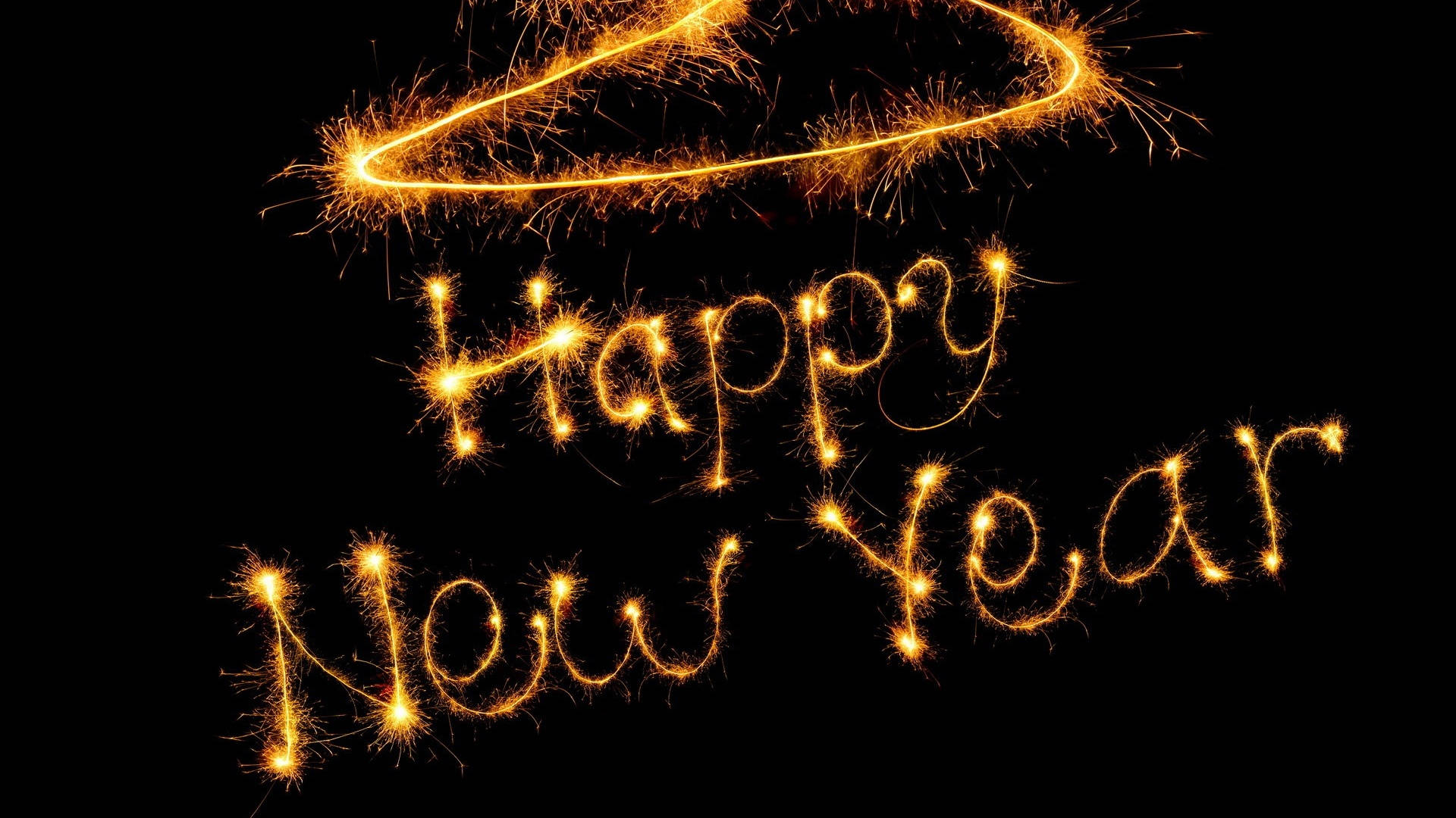 Happy New Year, golden sparkler letters, black background, Full HD Desktop Wallpaper