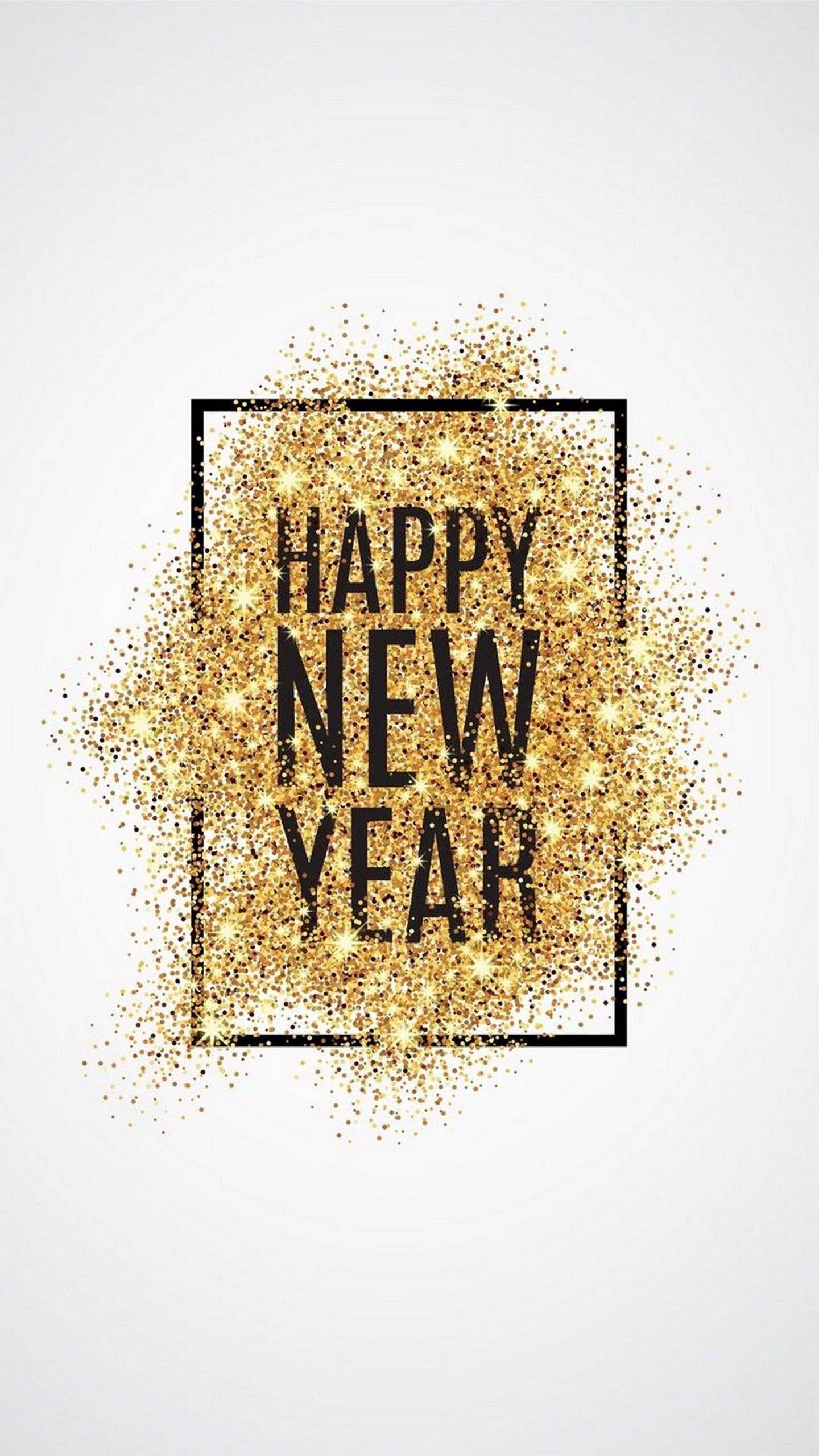 Happy New Year, gold glitter, black text, 2K Phone Wallpaper