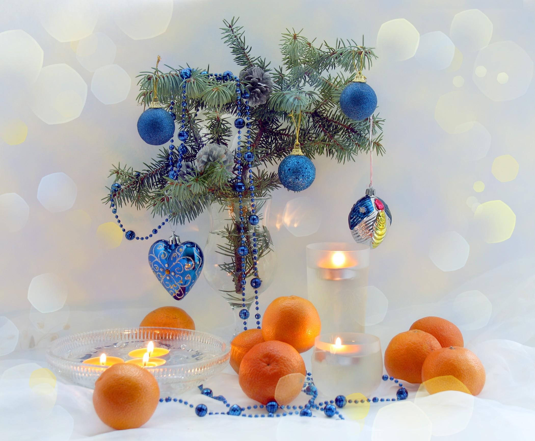 blue ornaments, pine branches, oranges, Full HD Desktop Wallpaper