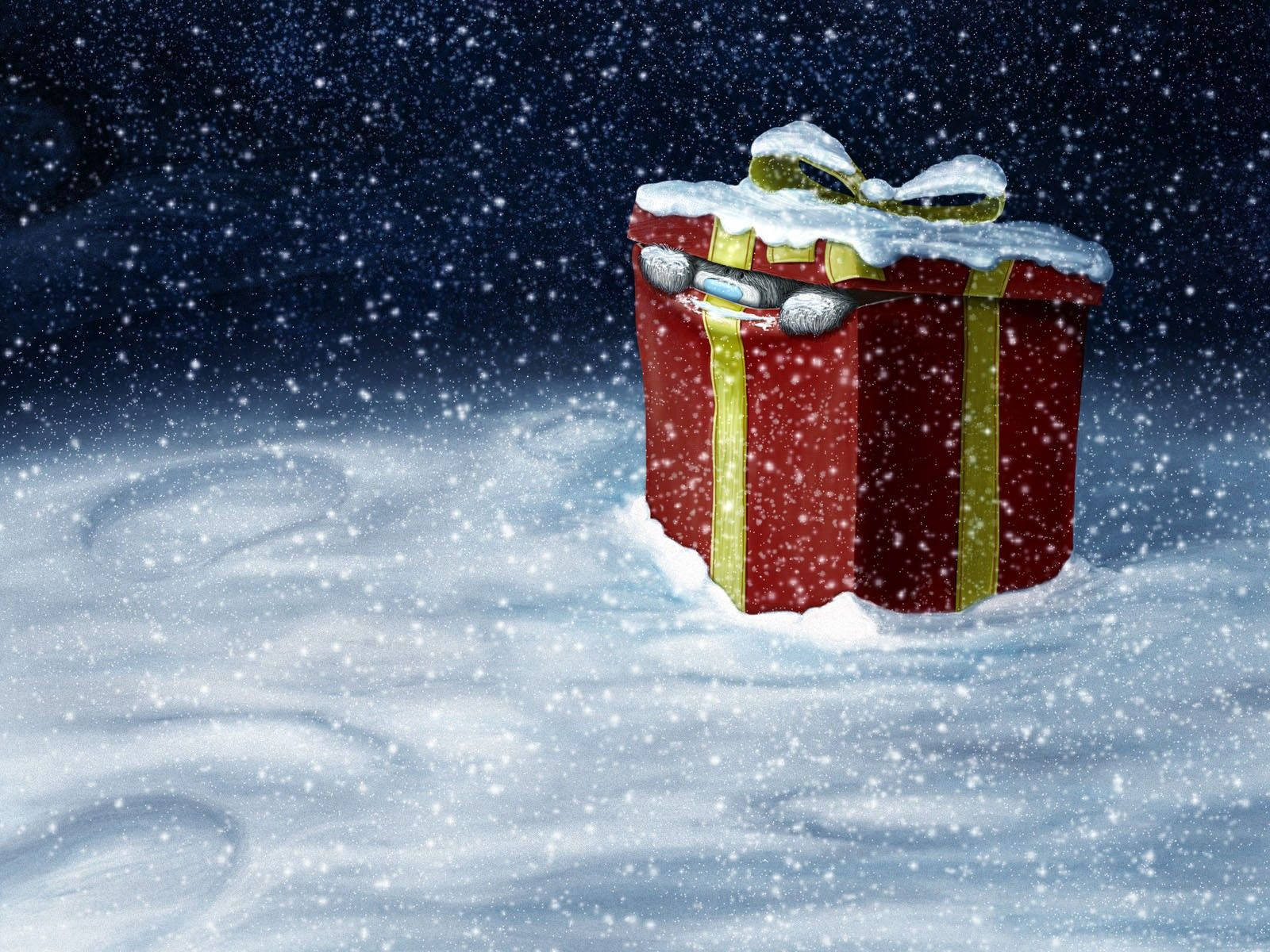 red gift box, gold ribbon, deep snow, HD Desktop Wallpaper
