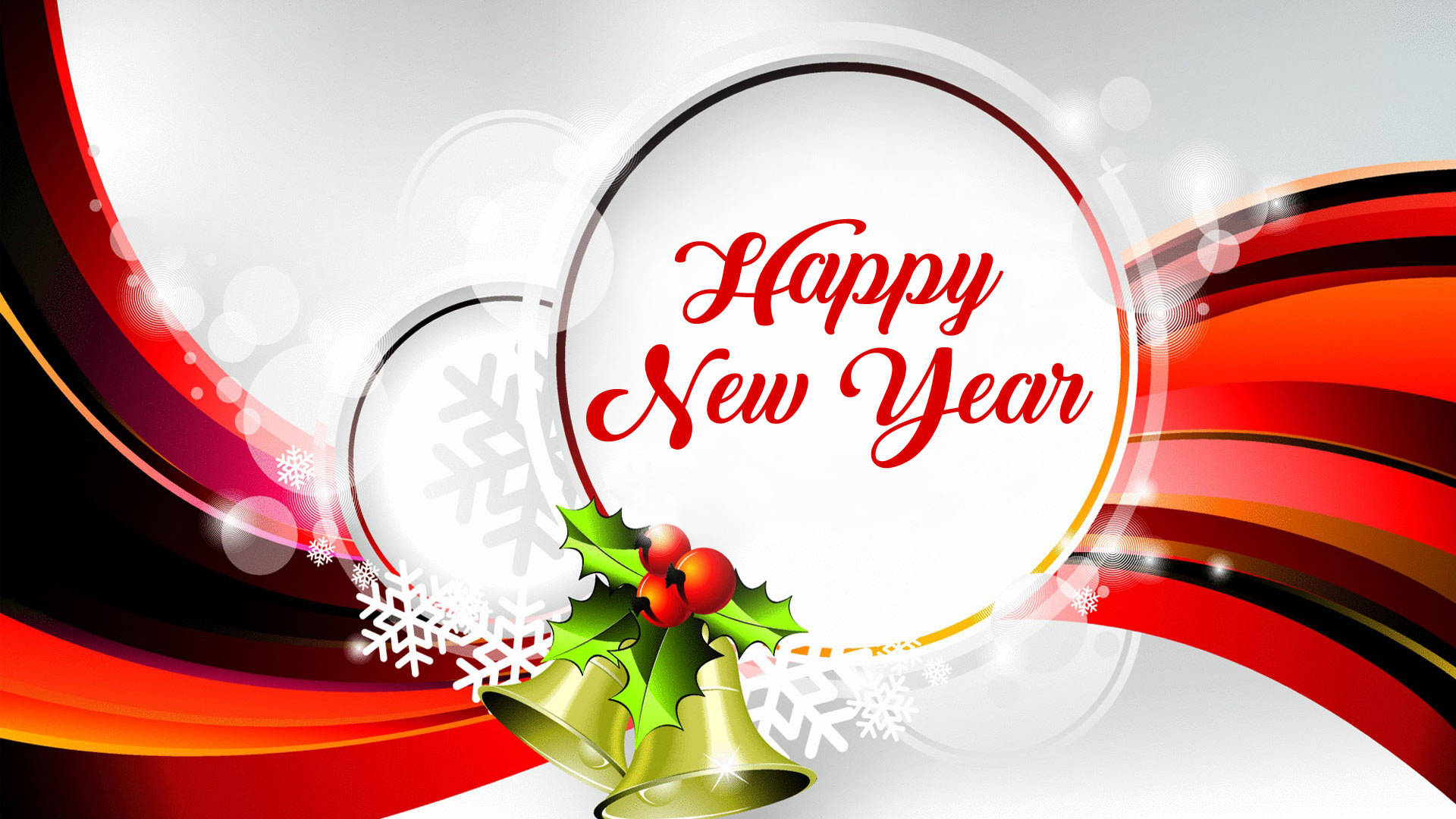 Happy New Year, red cursive, white circle, Full HD Desktop Wallpaper