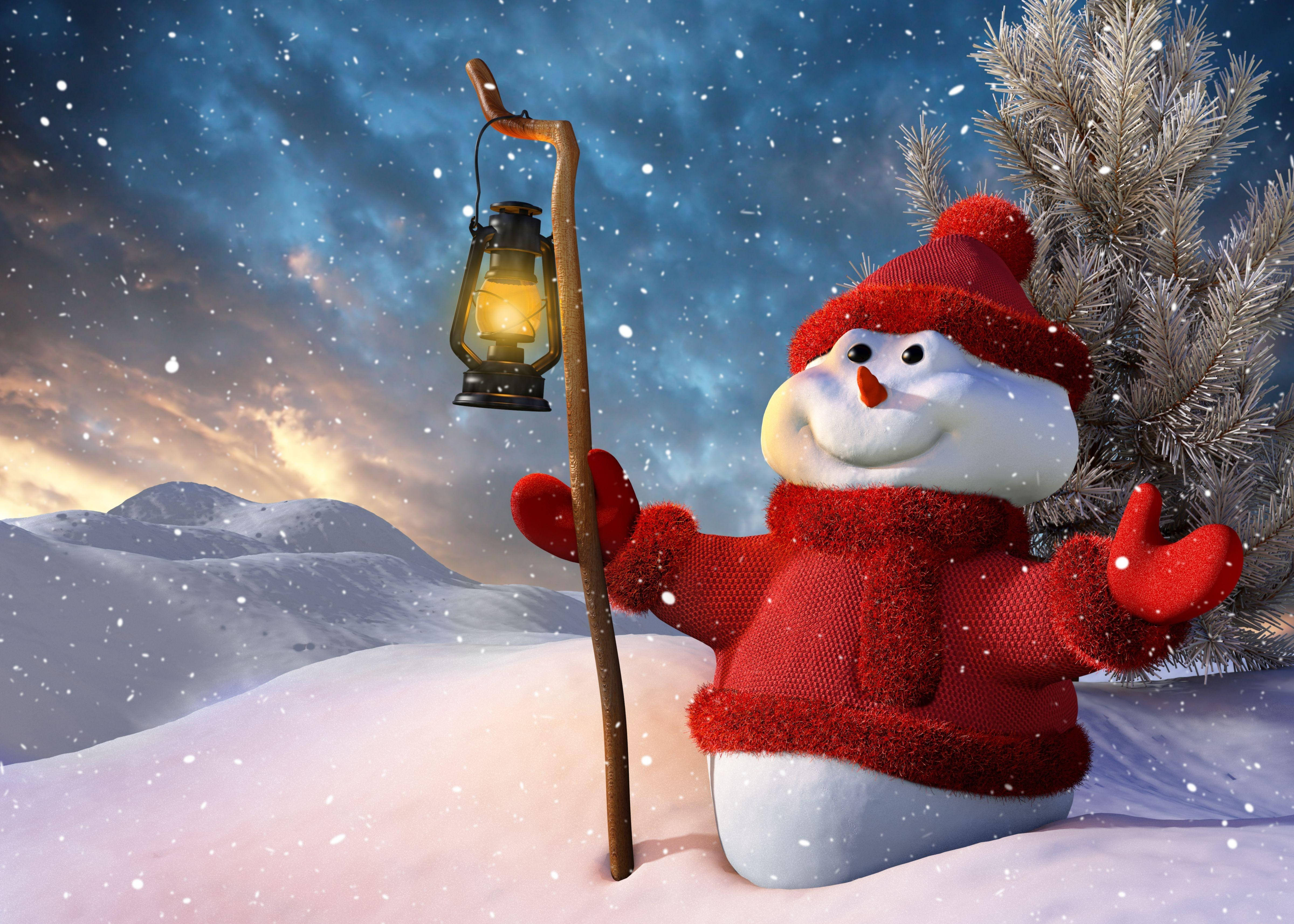 snowman, red knit outfit, glowing lantern, 4K Desktop Wallpaper