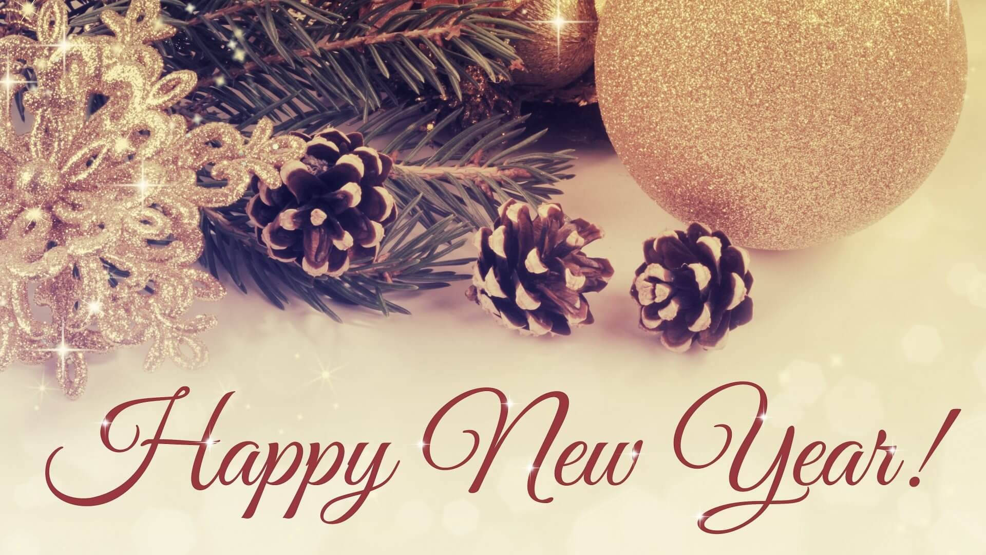 Happy New Year!, golden glittery ornaments, sparkling snowflake, Full HD Desktop Wallpaper