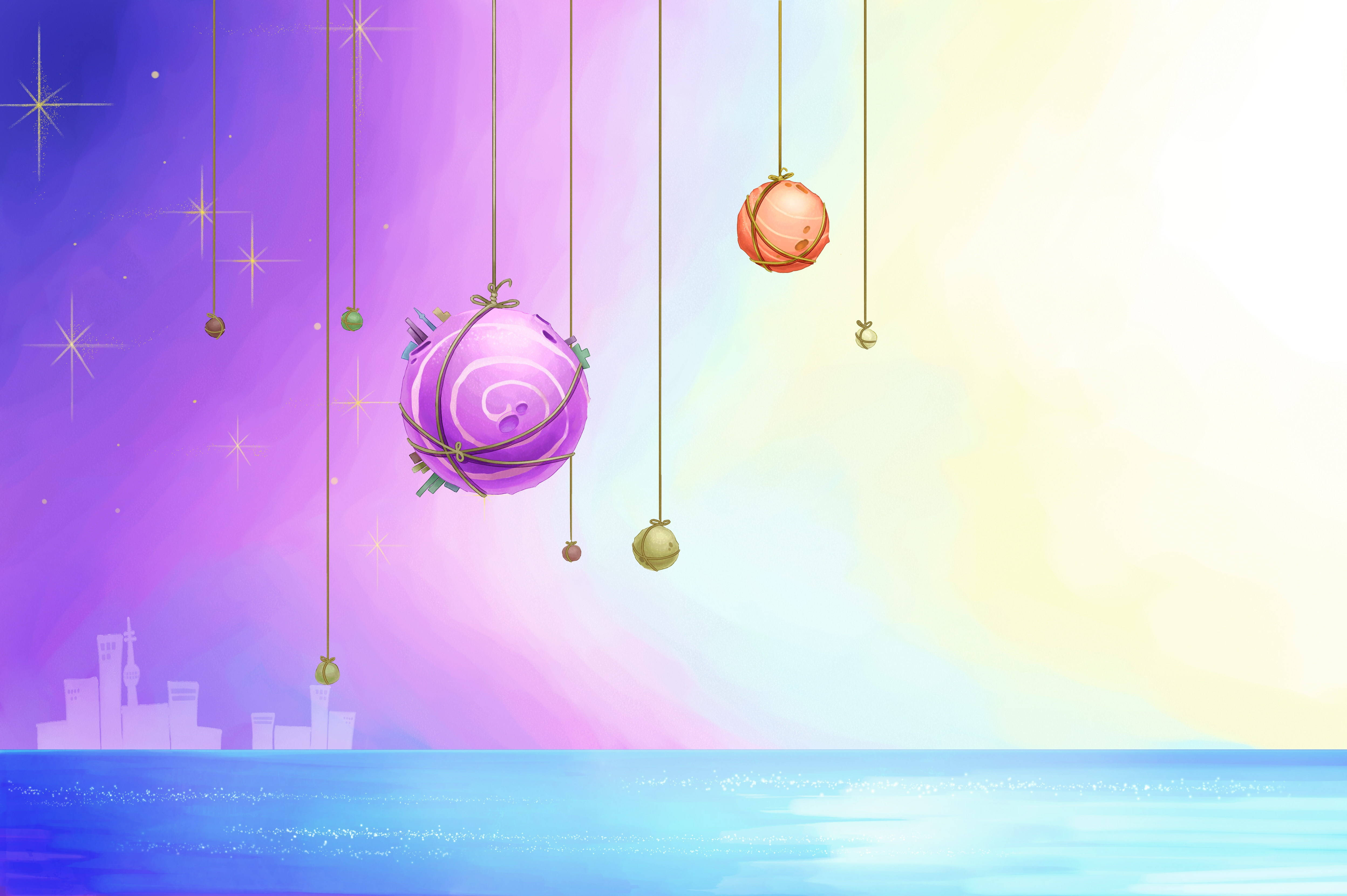 New Year's Balls Decor, glowing ocean, gradient purple and yellow sky, 4K Desktop Wallpaper