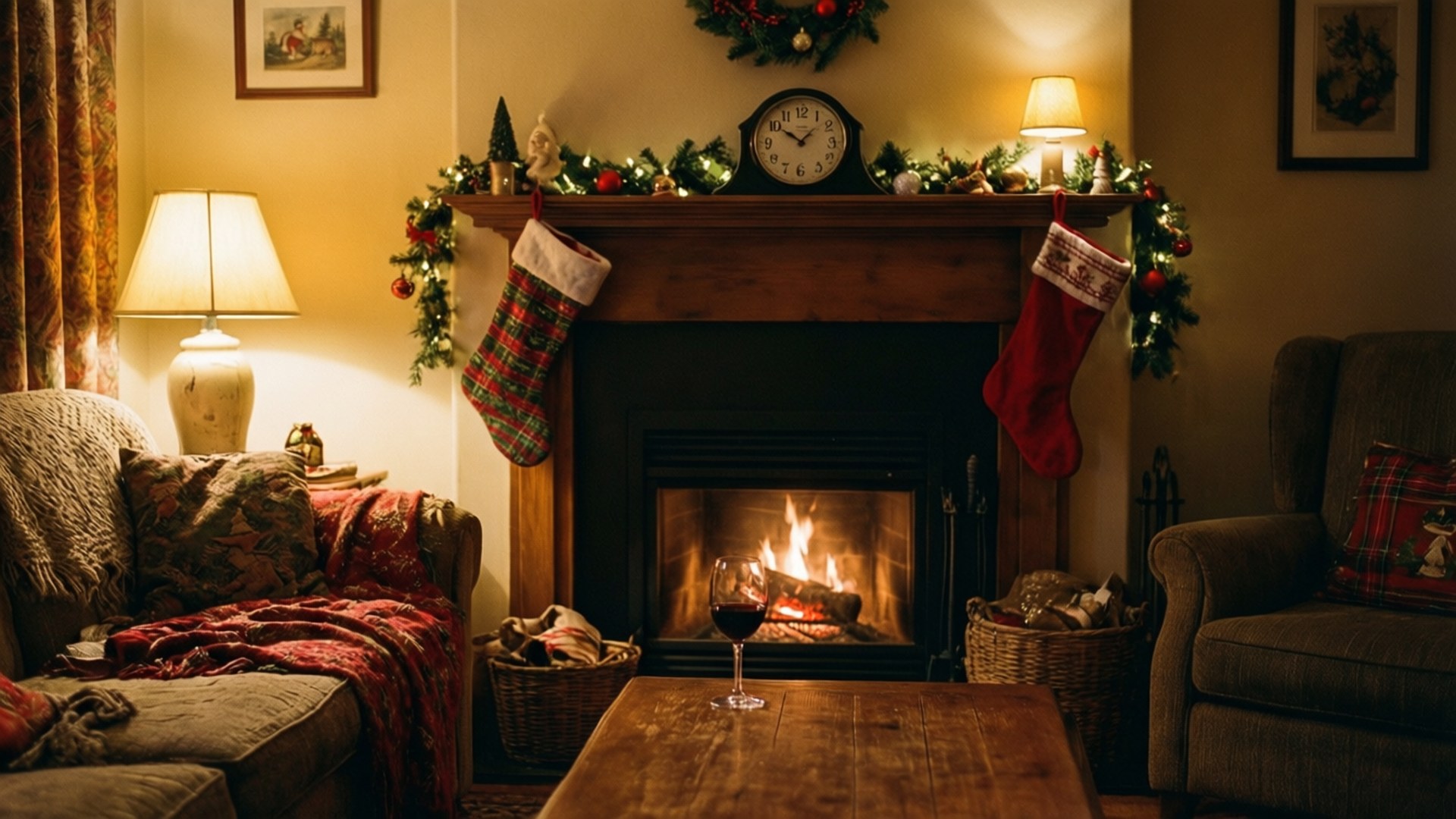 Last Minute of the Year, cozy living room, lit fireplace, Full HD Desktop Wallpaper