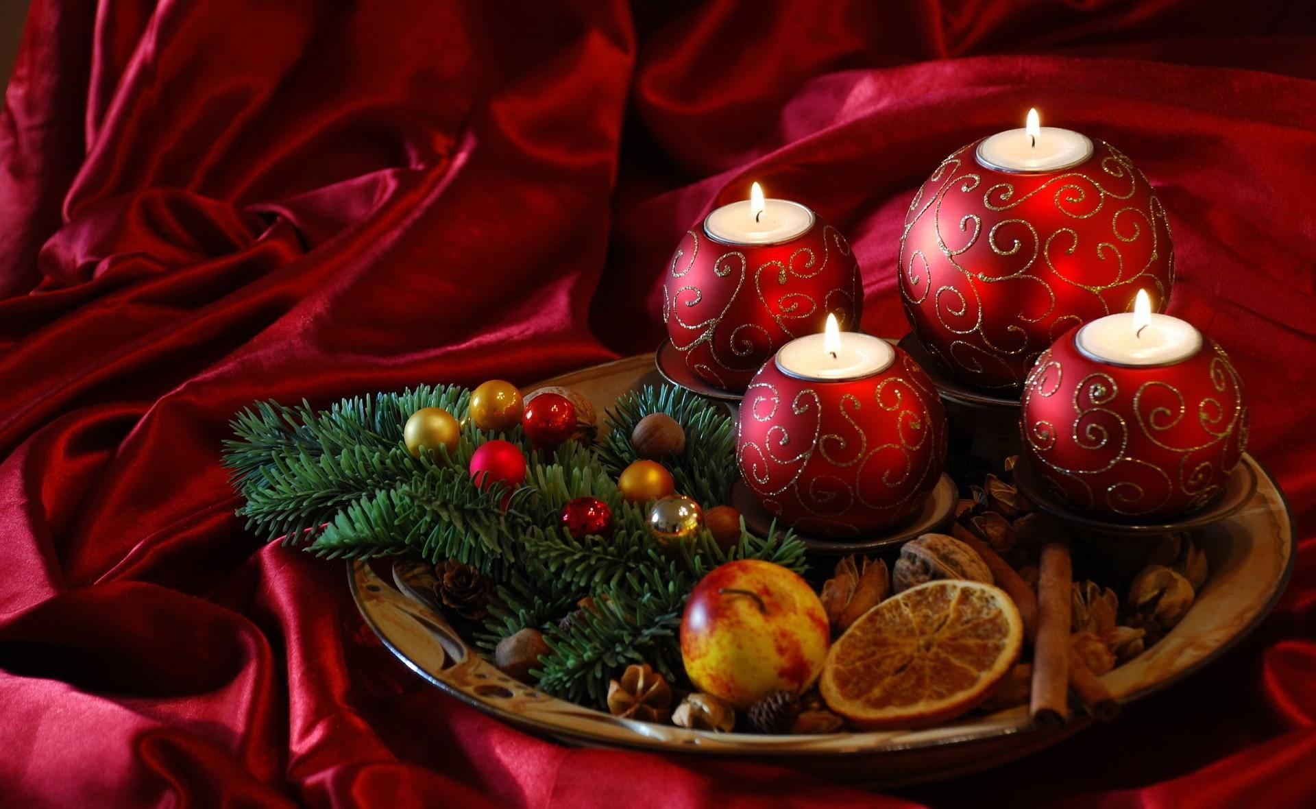 red candles, gold swirls, pine sprigs, Full HD Desktop Wallpaper