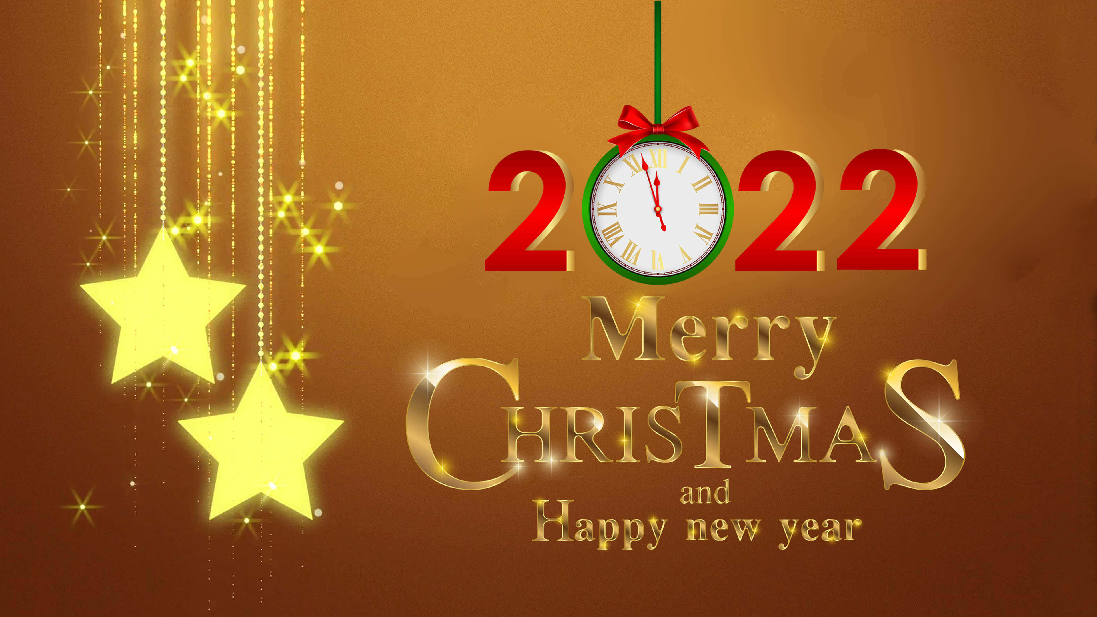 New Year 2022, hanging stars, clock showing 2022, 4K Desktop Wallpaper