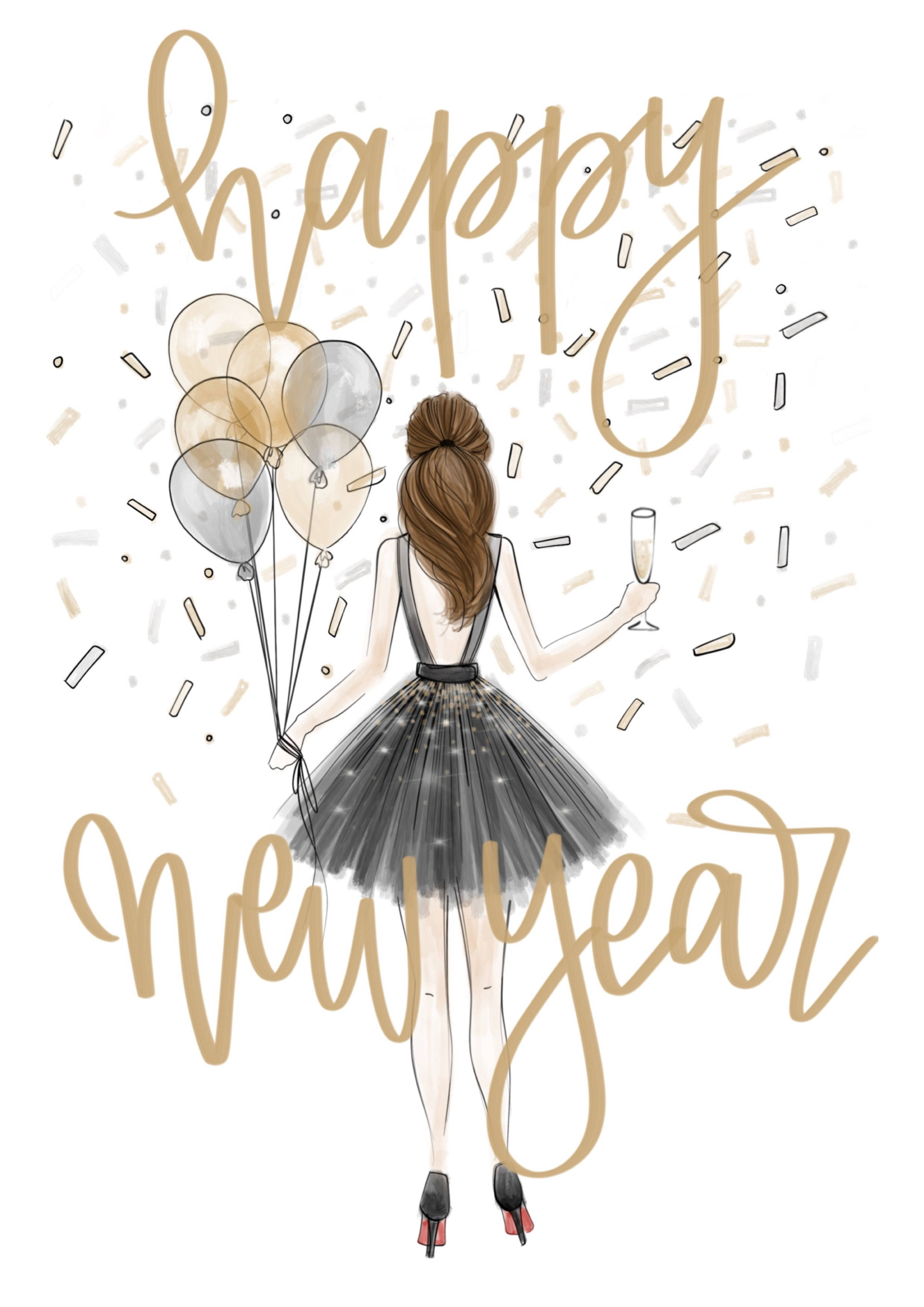 black dress, golden confetti, happy new year text, 5K Phone Wallpaper