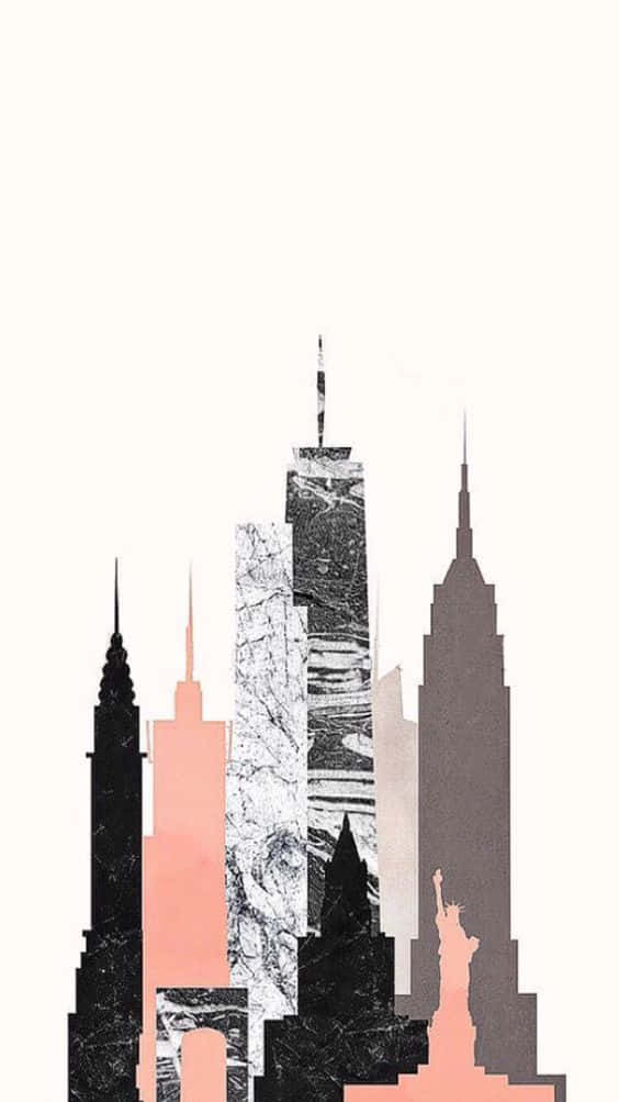 New York skyline, marble-textured skyscrapers, pink accents, SD Phone Wallpaper