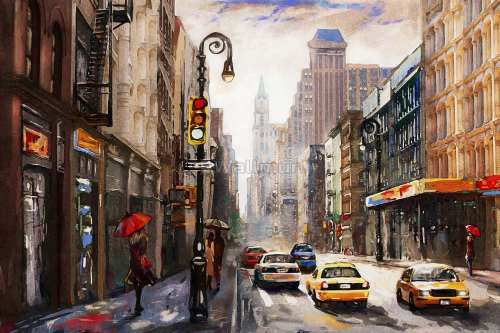 New York Art, rainy city street, yellow taxis, SD Desktop Wallpaper
