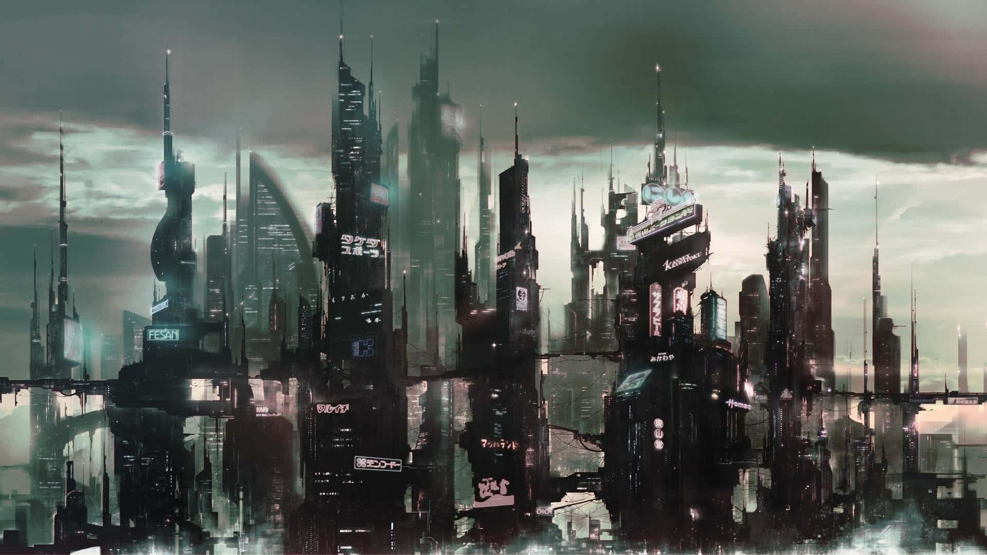 New York Art, neon-lit skyscrapers, wet streets, Full HD Desktop Wallpaper