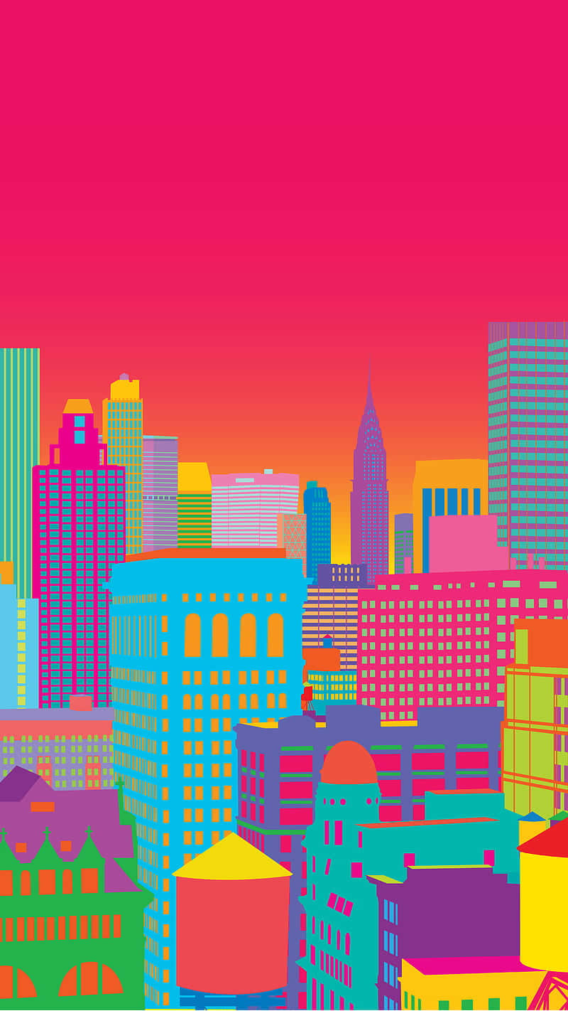 New York Art, neon buildings, gradient pink orange sky, HD Phone Wallpaper
