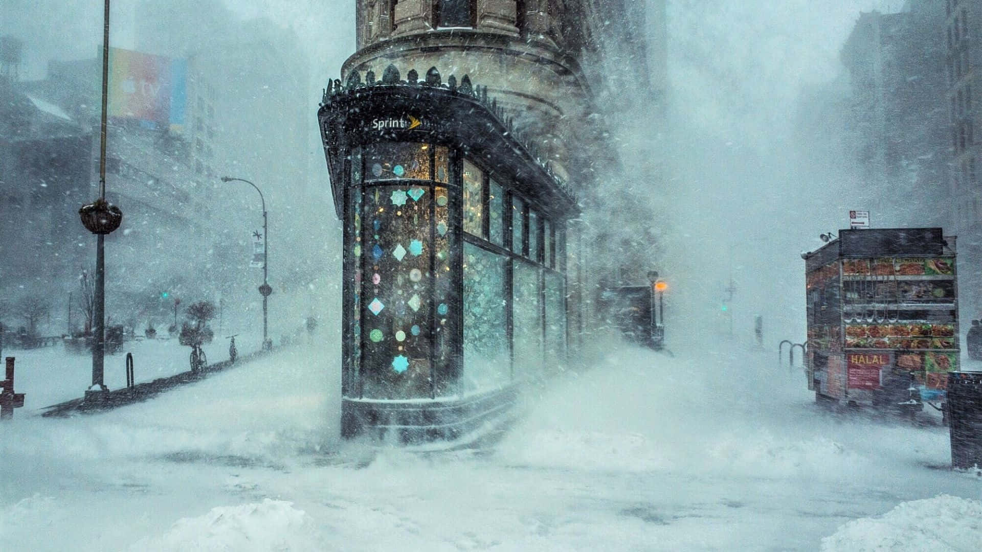 New York Art, snowstorm, city street, Full HD Desktop Wallpaper