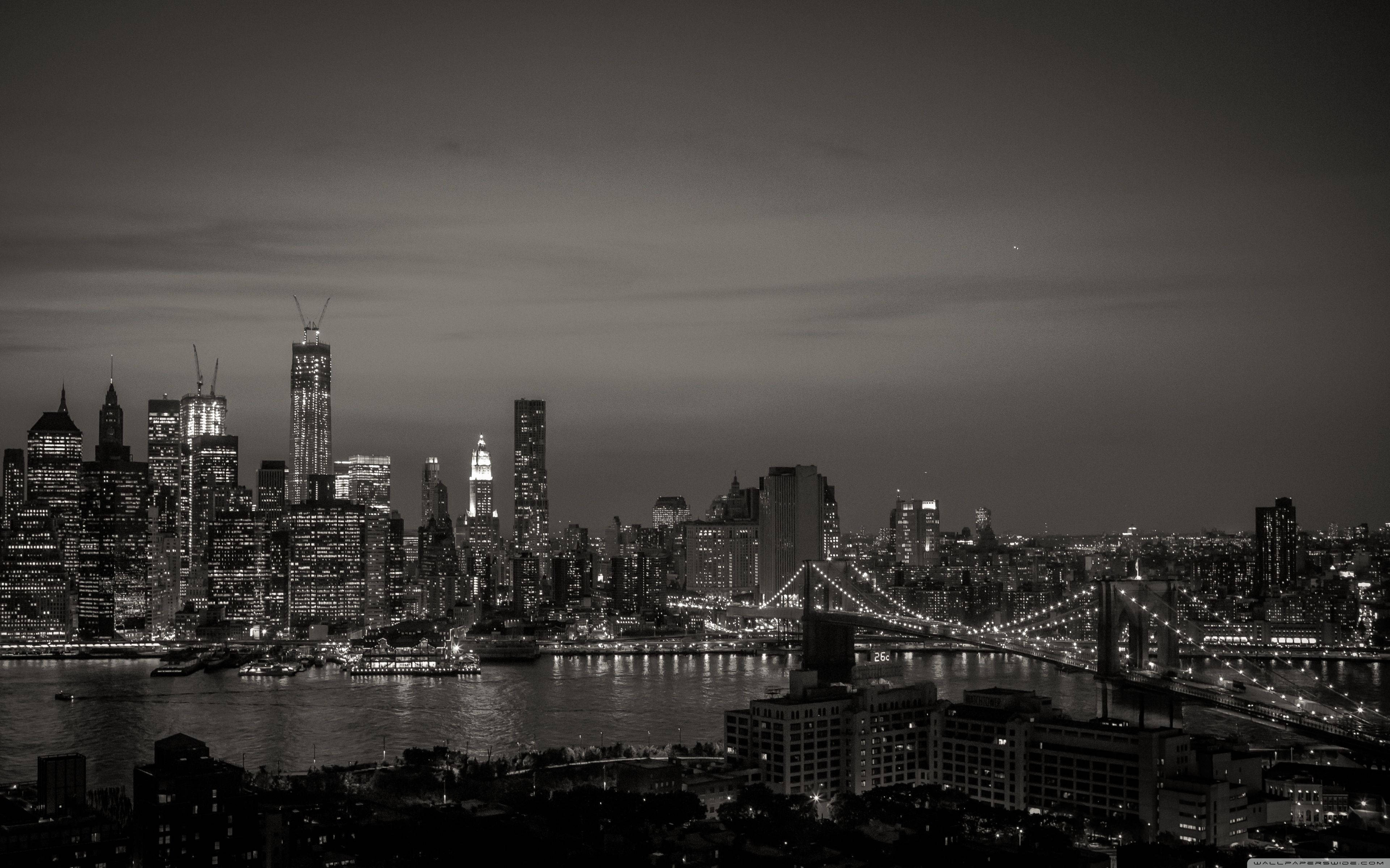 New York Aesthetic Skyline, monochrome cityscape, night, 4K Desktop Wallpaper
