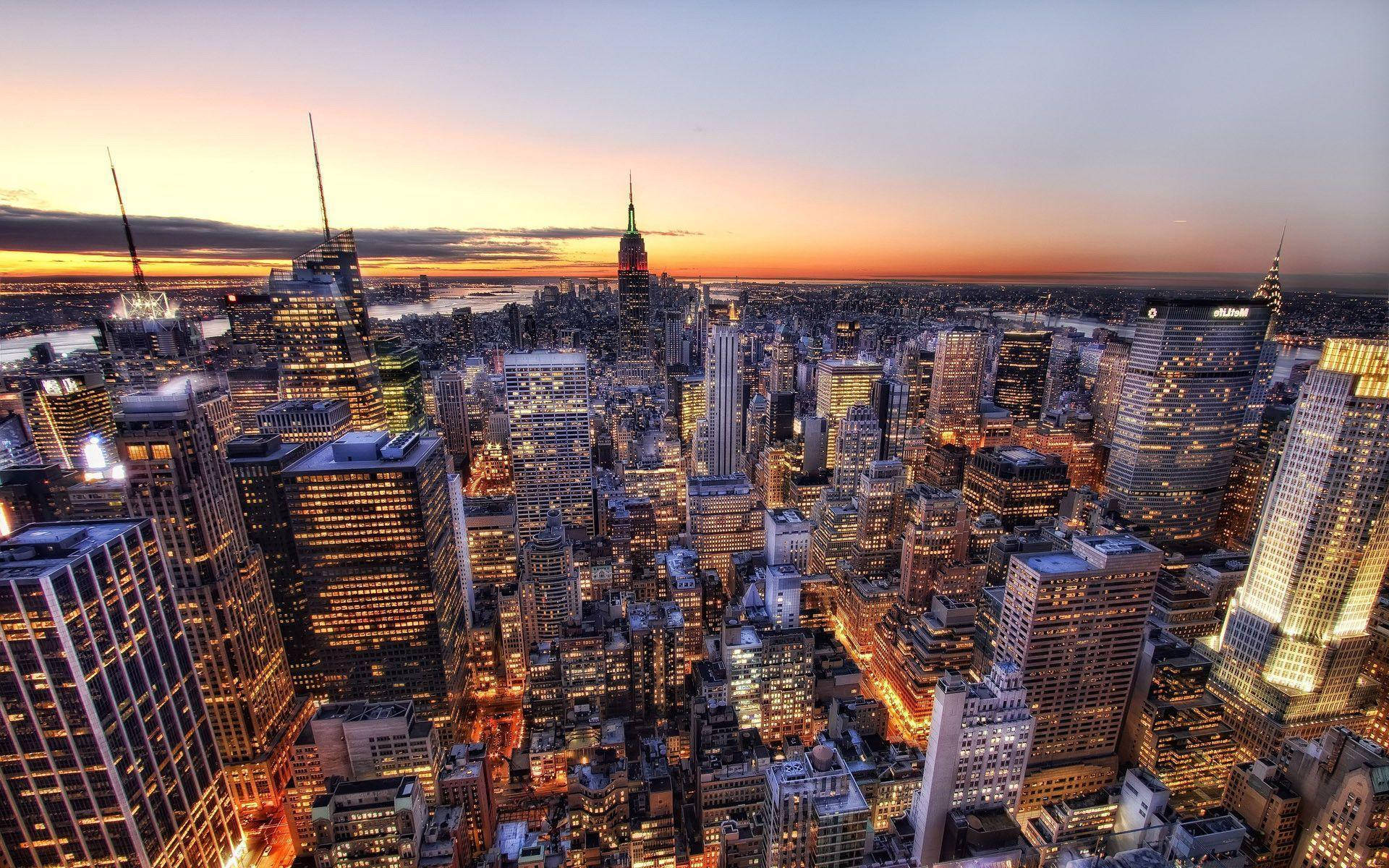 New York City, sunset, golden lights, Full HD Desktop Wallpaper