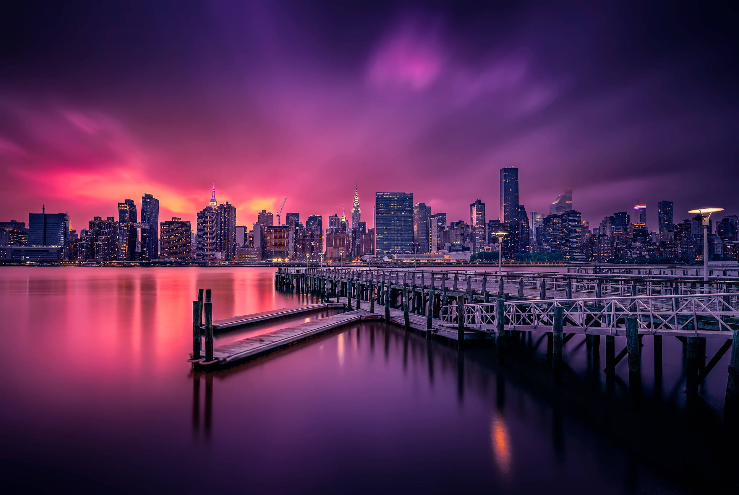 New York City Desktop, violet sky, sunset, Full HD Desktop Wallpaper
