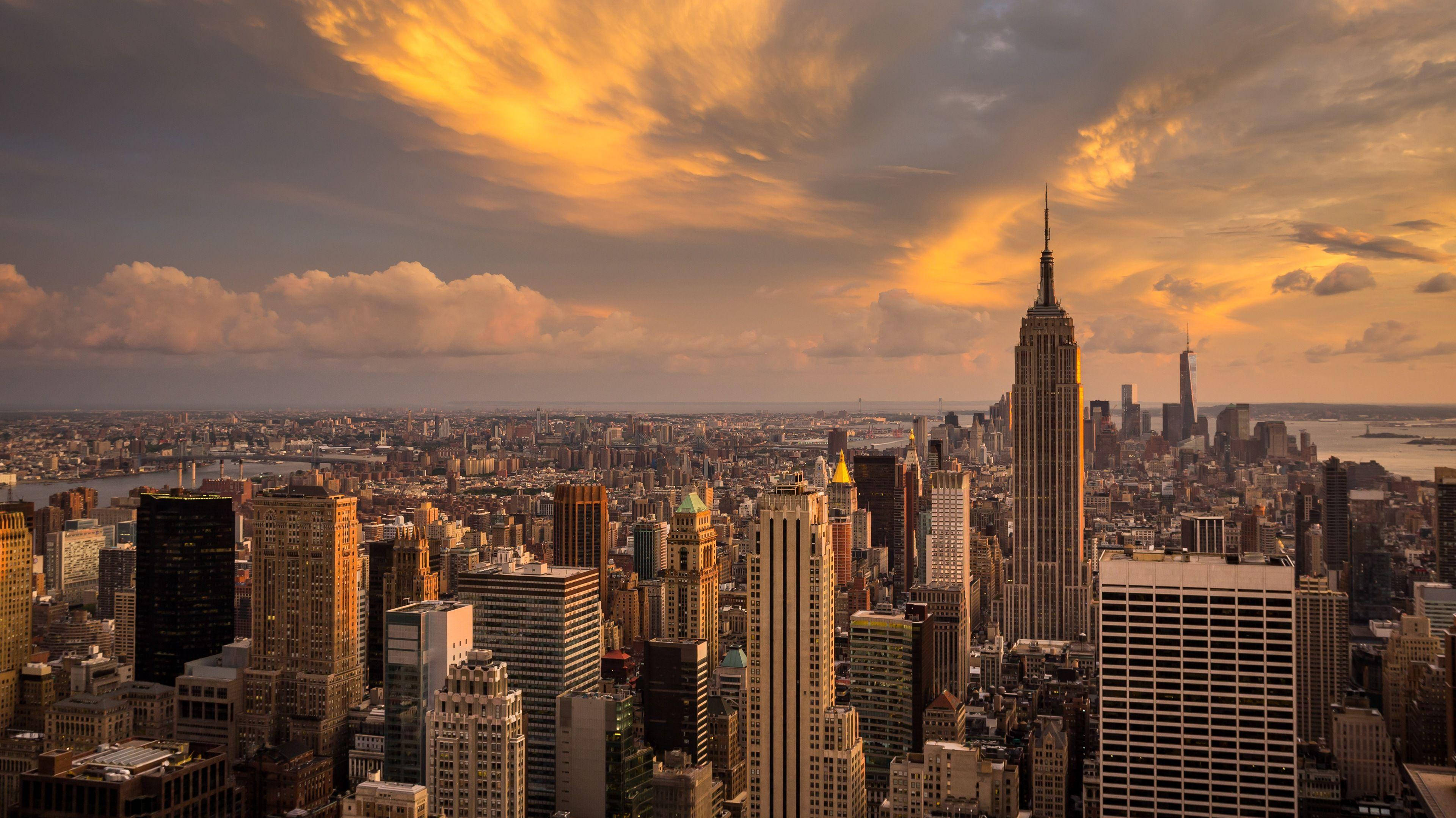 New York City, Golden sunset, skyline, 4K Desktop Wallpaper