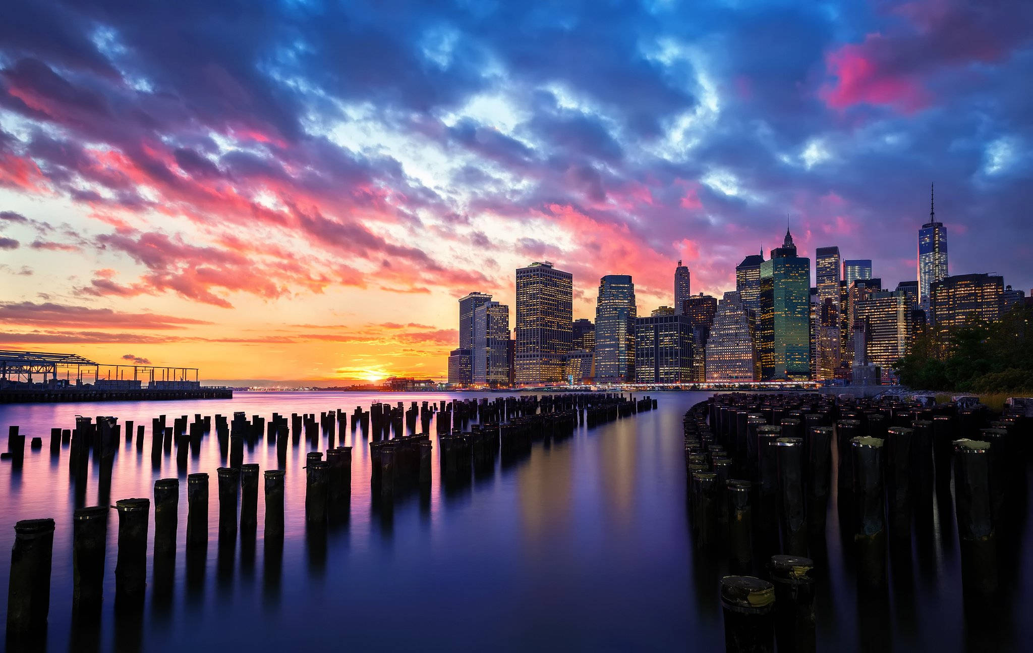 New York City, sunset, pink orange and purple hues, Full HD Desktop Wallpaper