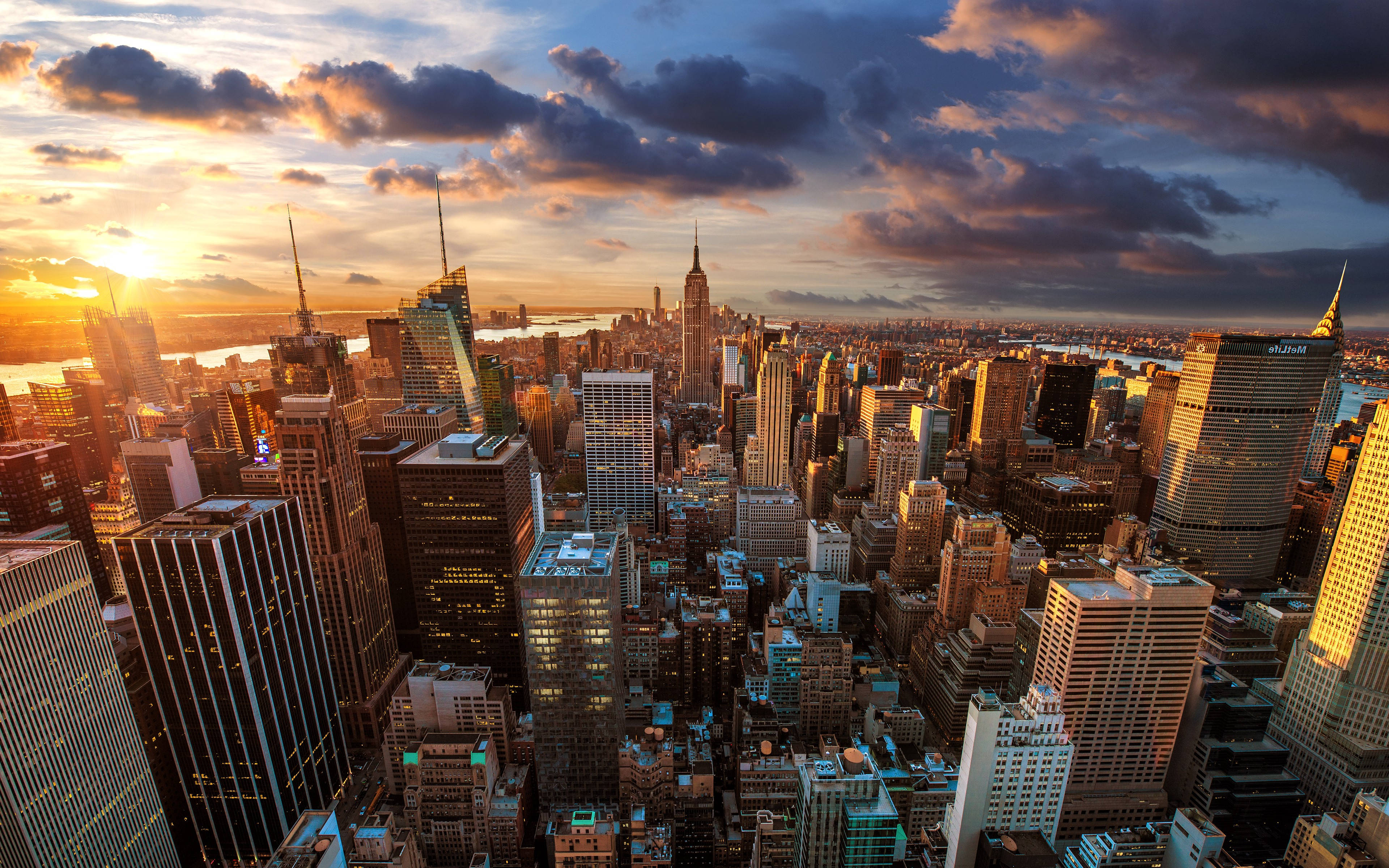 New York City, skyscrapers, sunset, 4K Desktop Wallpaper