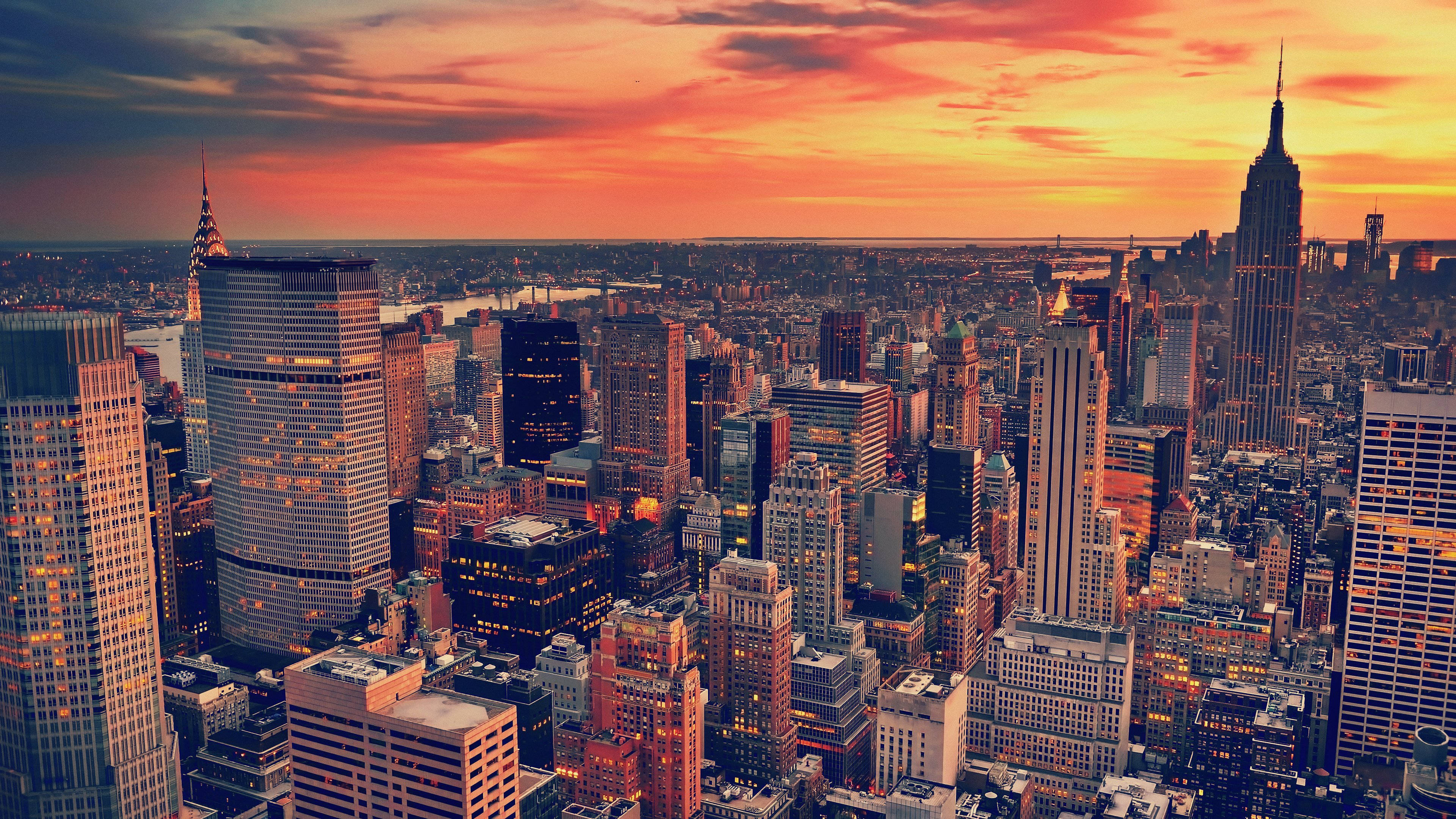 New York City, sunset, orange clouds, 4K Desktop Wallpaper