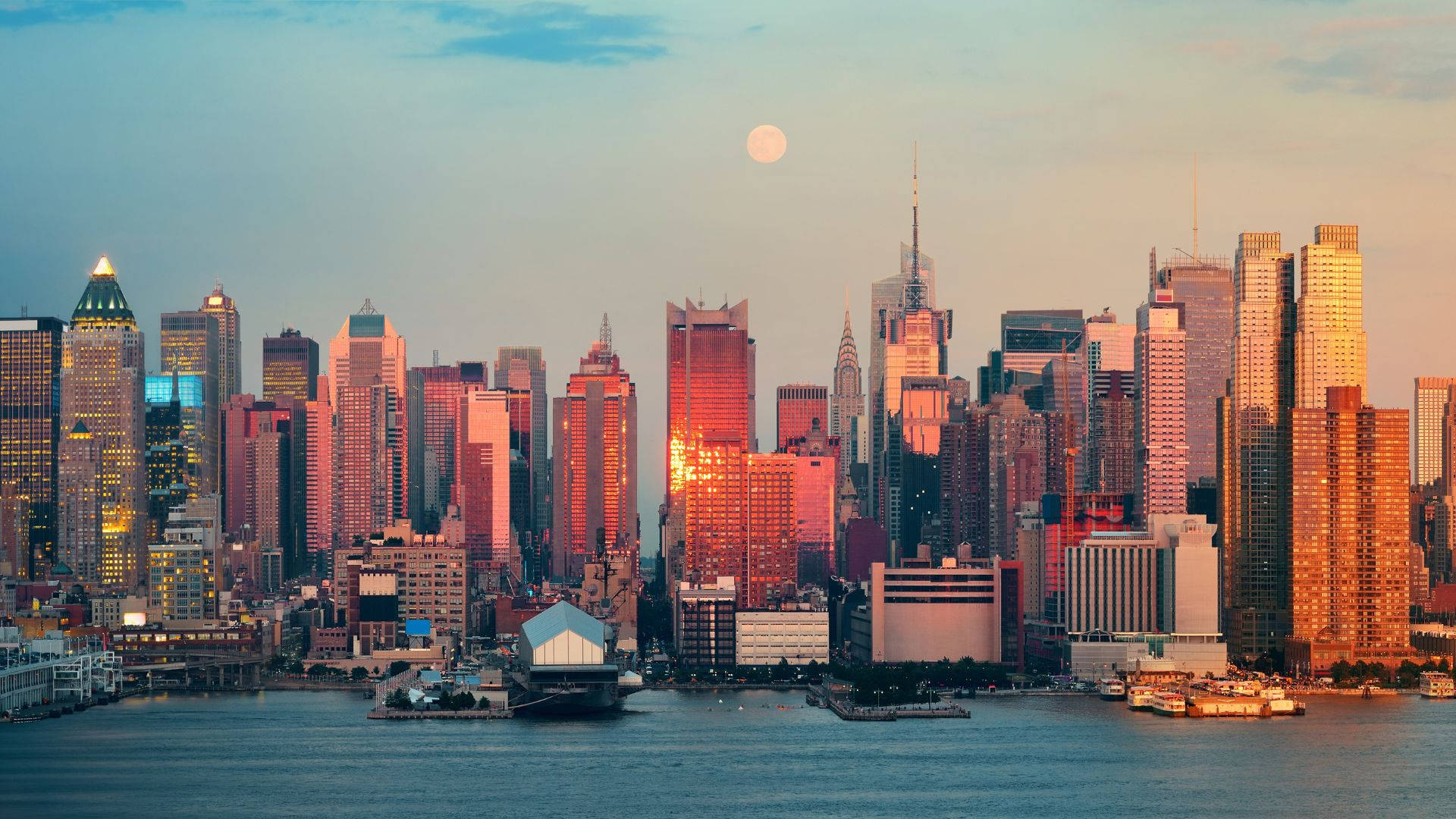New York City skyline, sunset, full moon, Full HD Desktop Wallpaper