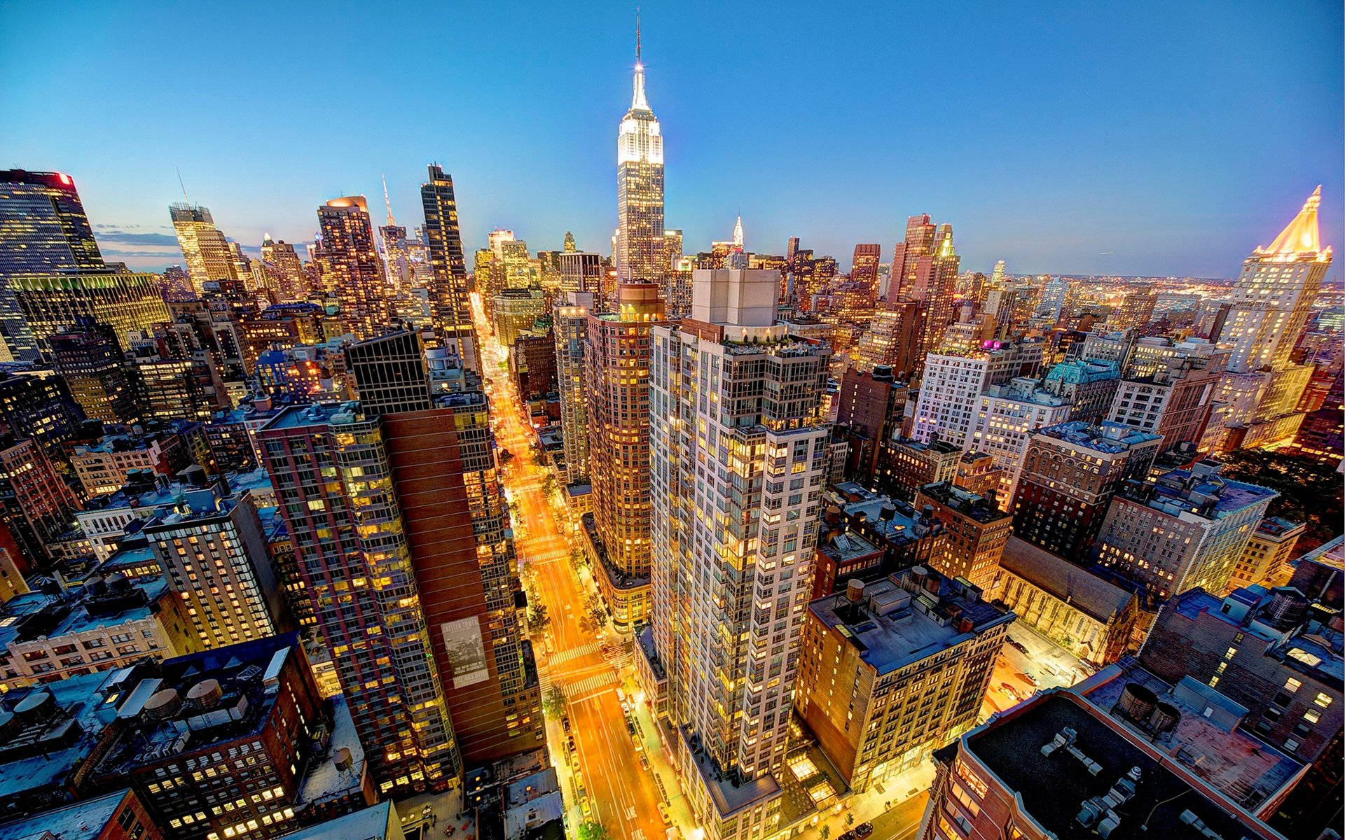 New York City skyline, sunset, aerial view, Full HD Desktop Wallpaper
