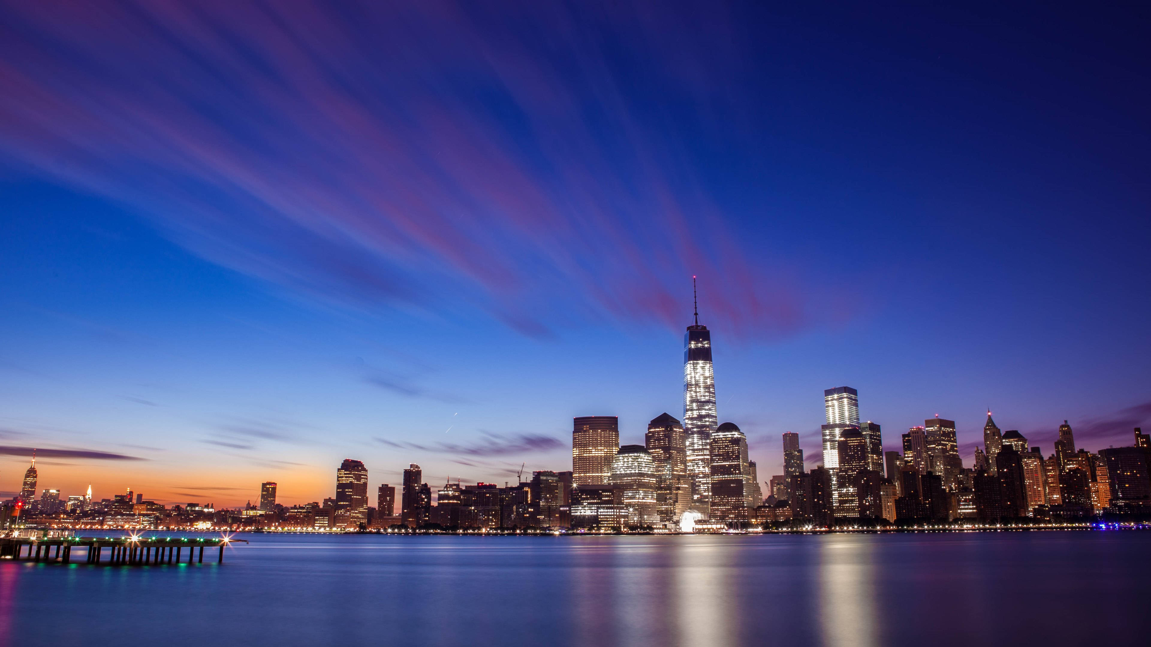 New York City skyline, twilight view, illuminated skyscrapers, 4K Desktop Wallpaper