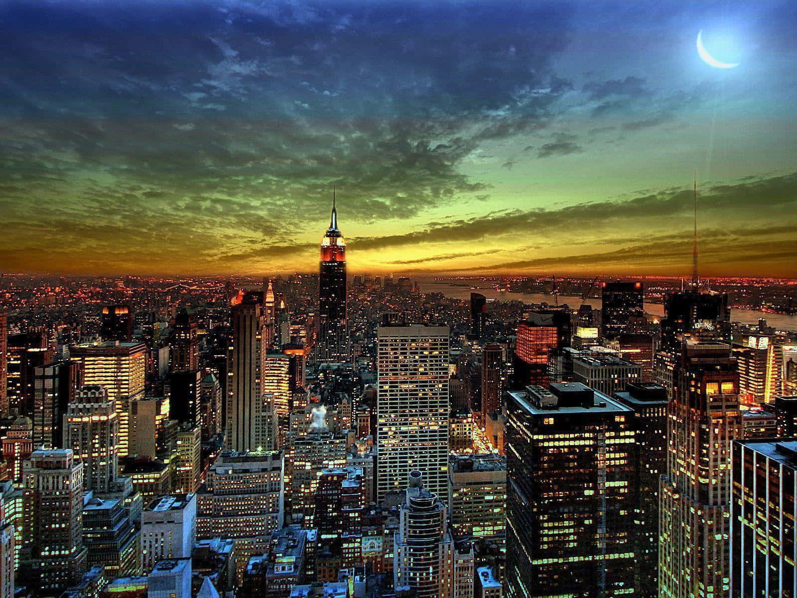 Crescent Moon, New York City, twilight, HD Desktop Wallpaper