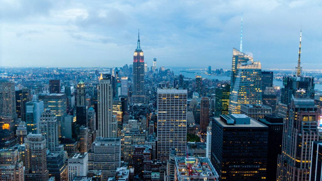 New York City skyline, dusk, illuminated skyscrapers, SD Desktop Wallpaper