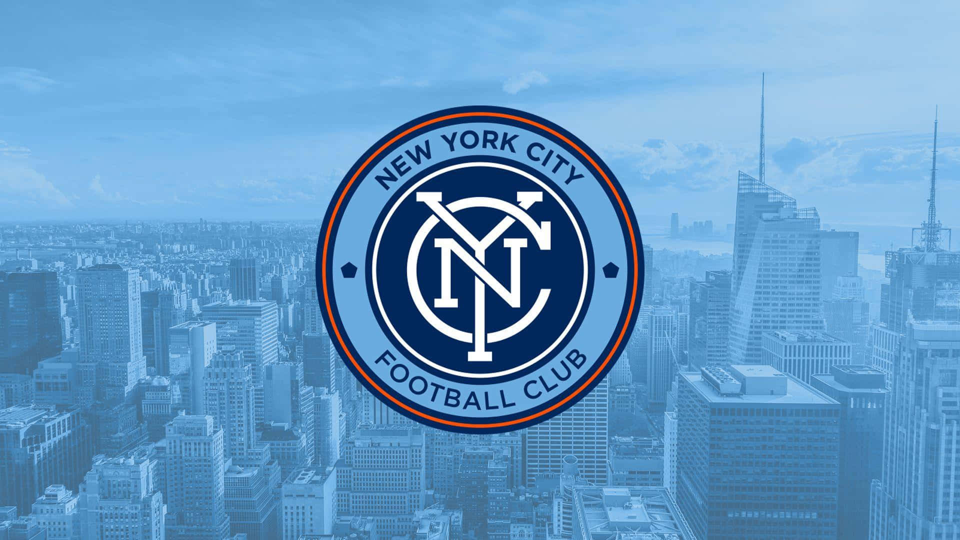 New York City FC, official logo, blue-tinted cityscape, Full HD Desktop Wallpaper