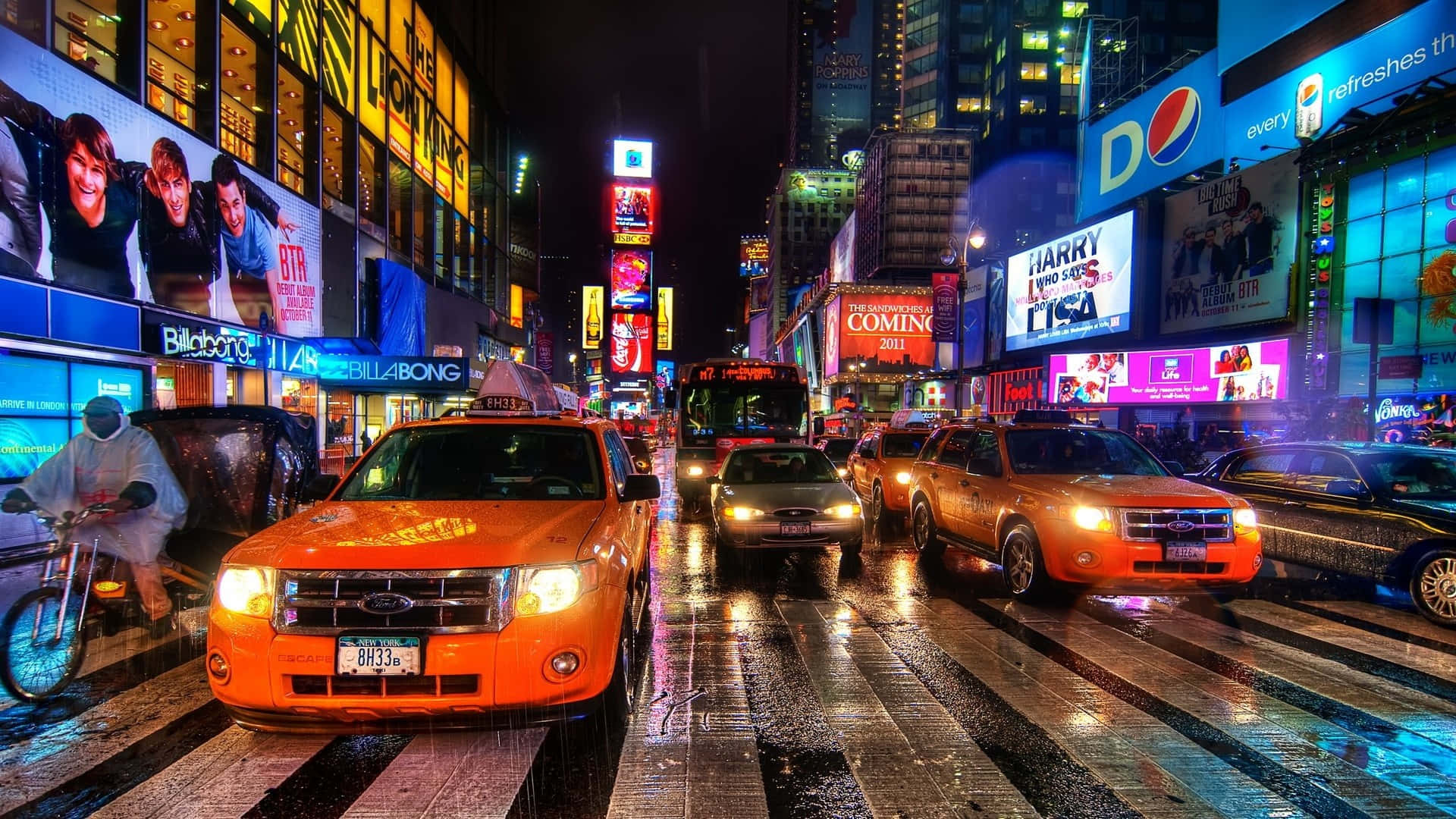 New York City Landscape, neon lights, wet streets, Full HD Desktop Wallpaper