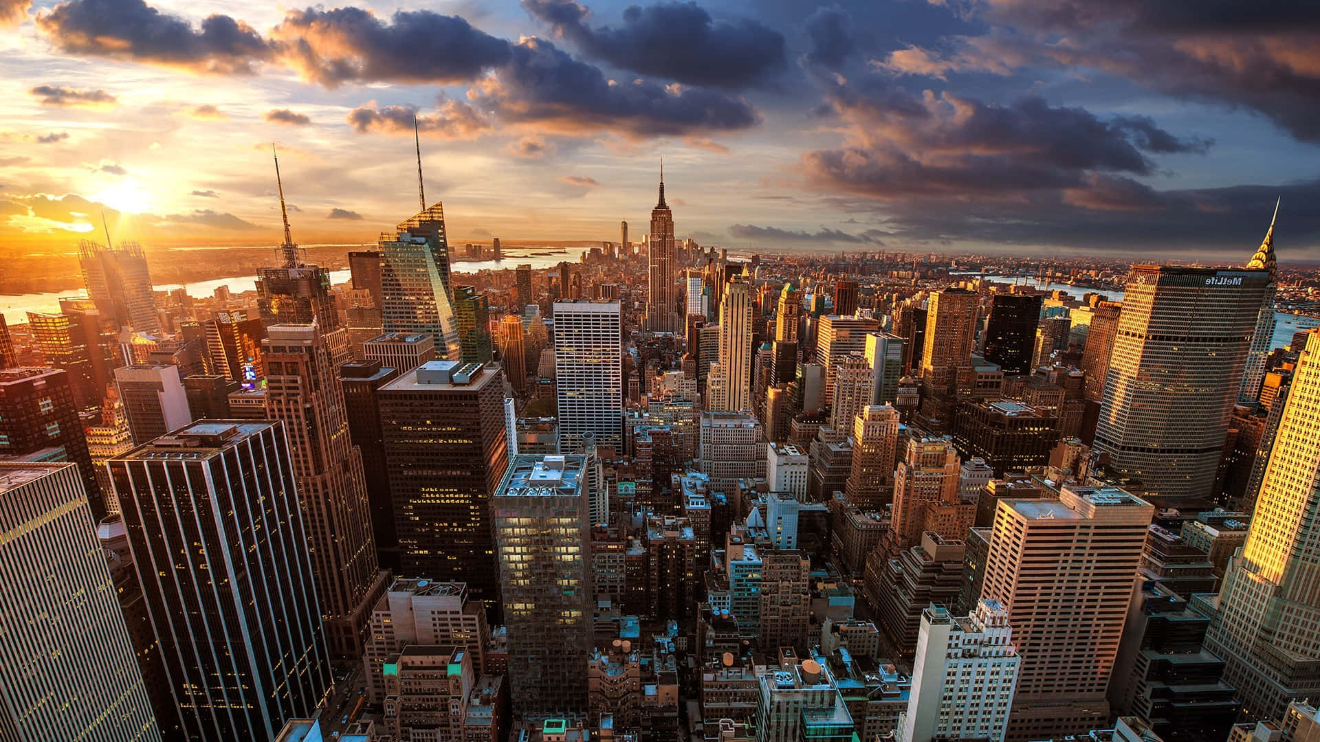 New York City, Sunset, Golden light, Full HD Desktop Wallpaper