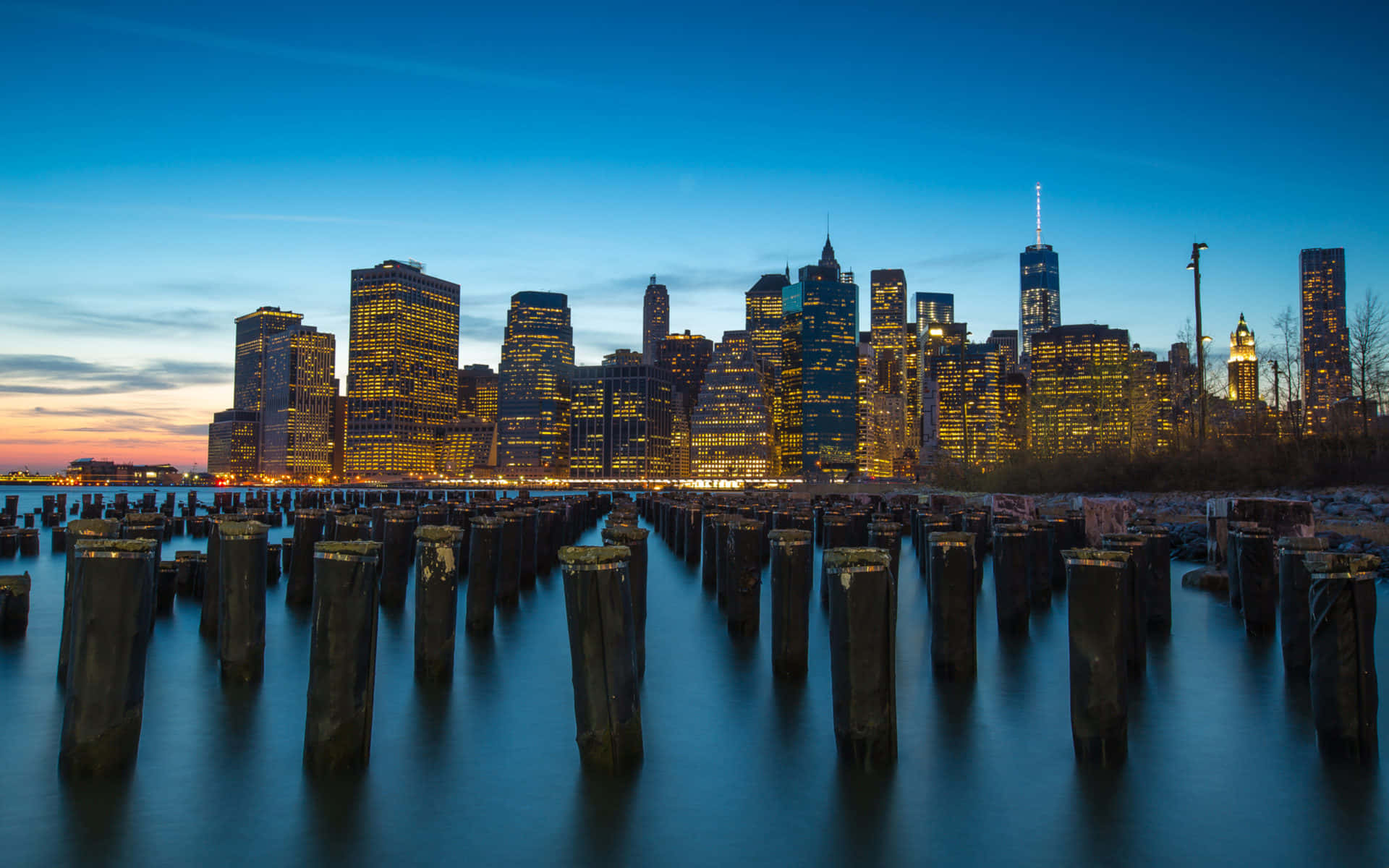 New York City Landscape, skyscrapers, dusk, Full HD Desktop Wallpaper