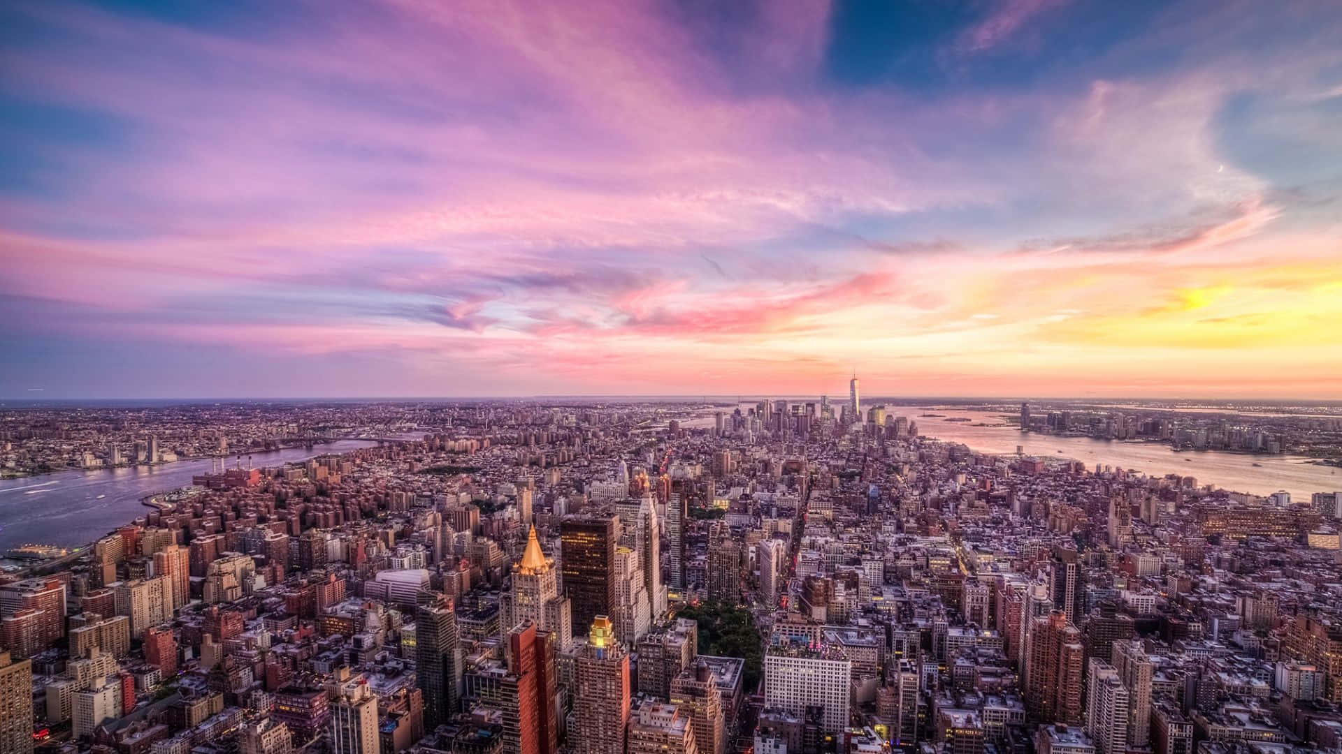 New York City, sunset, pink purple and gold clouds, Full HD Desktop Wallpaper