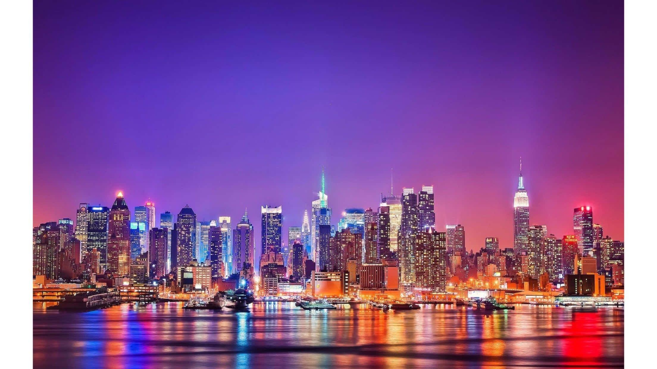 New York City Landscape, Purple Night, glowing skyscrapers, Full HD Desktop Wallpaper