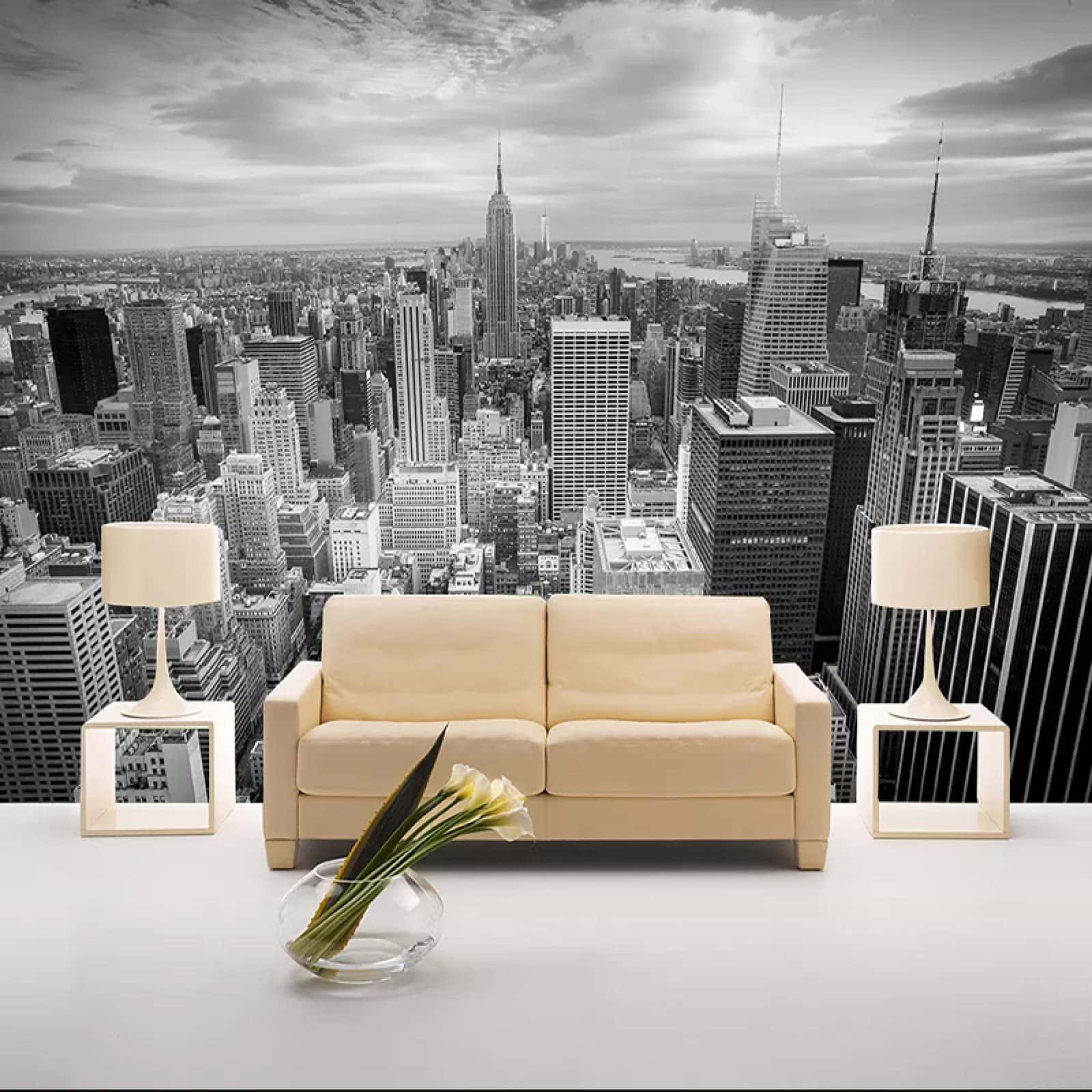 New York City Landscape, beige sofa, lamps, HD Desktop Wallpaper