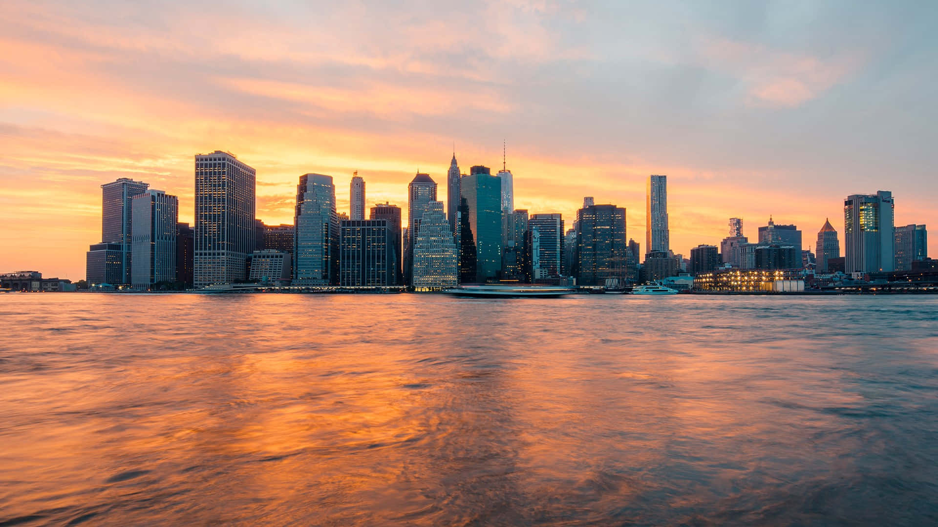 New York City skyline, sunset, golden light, Full HD Desktop Wallpaper