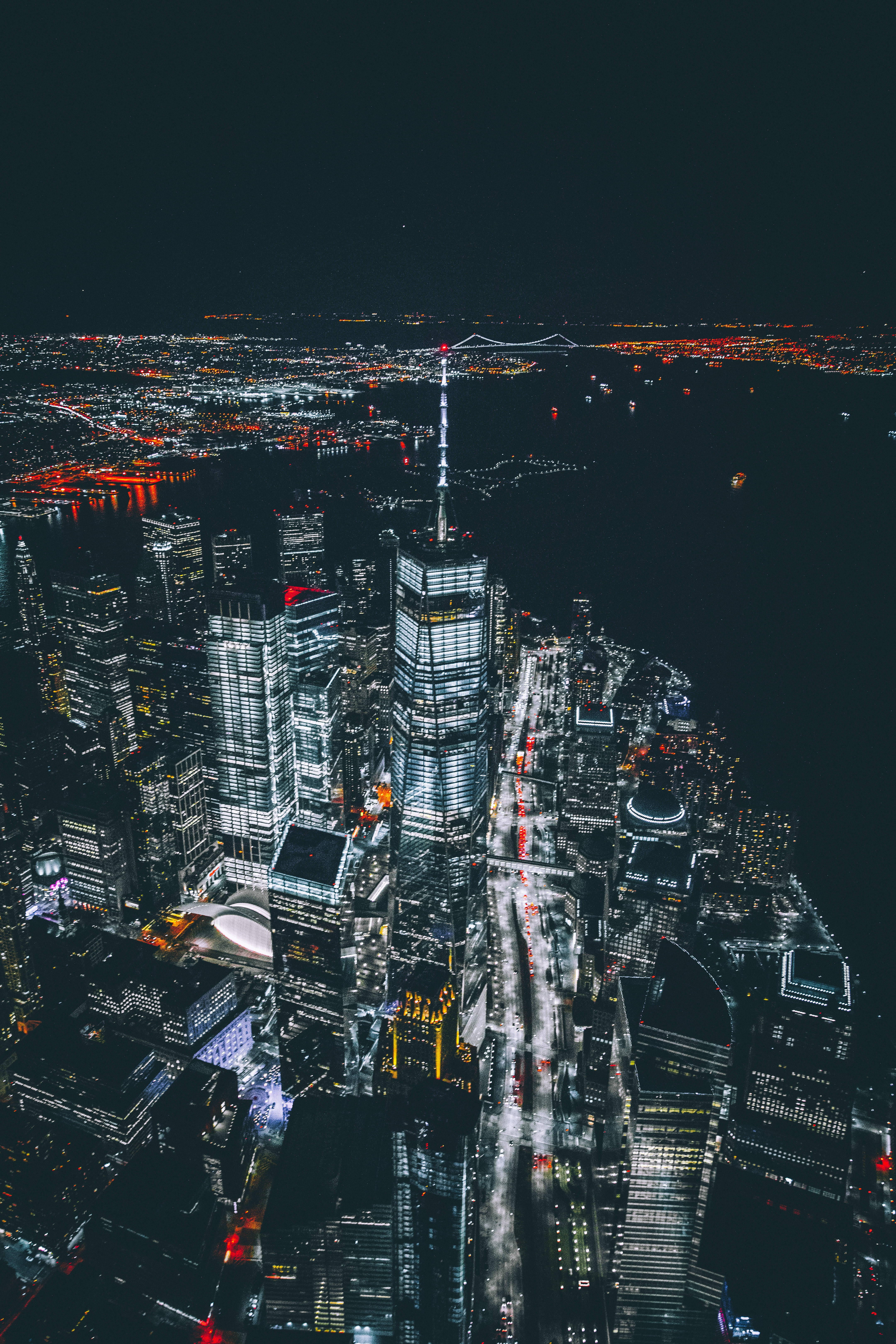 New York City, skyscraper, aerial night view, 5K Phone Wallpaper